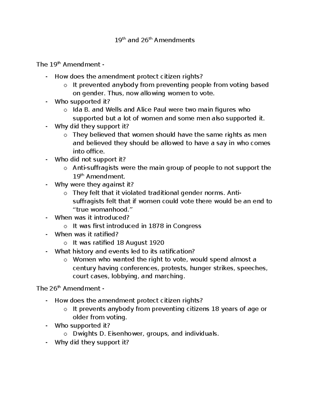 1.05 - U.S. History: Analysis of the 19th and 26th Amendments - Studocu