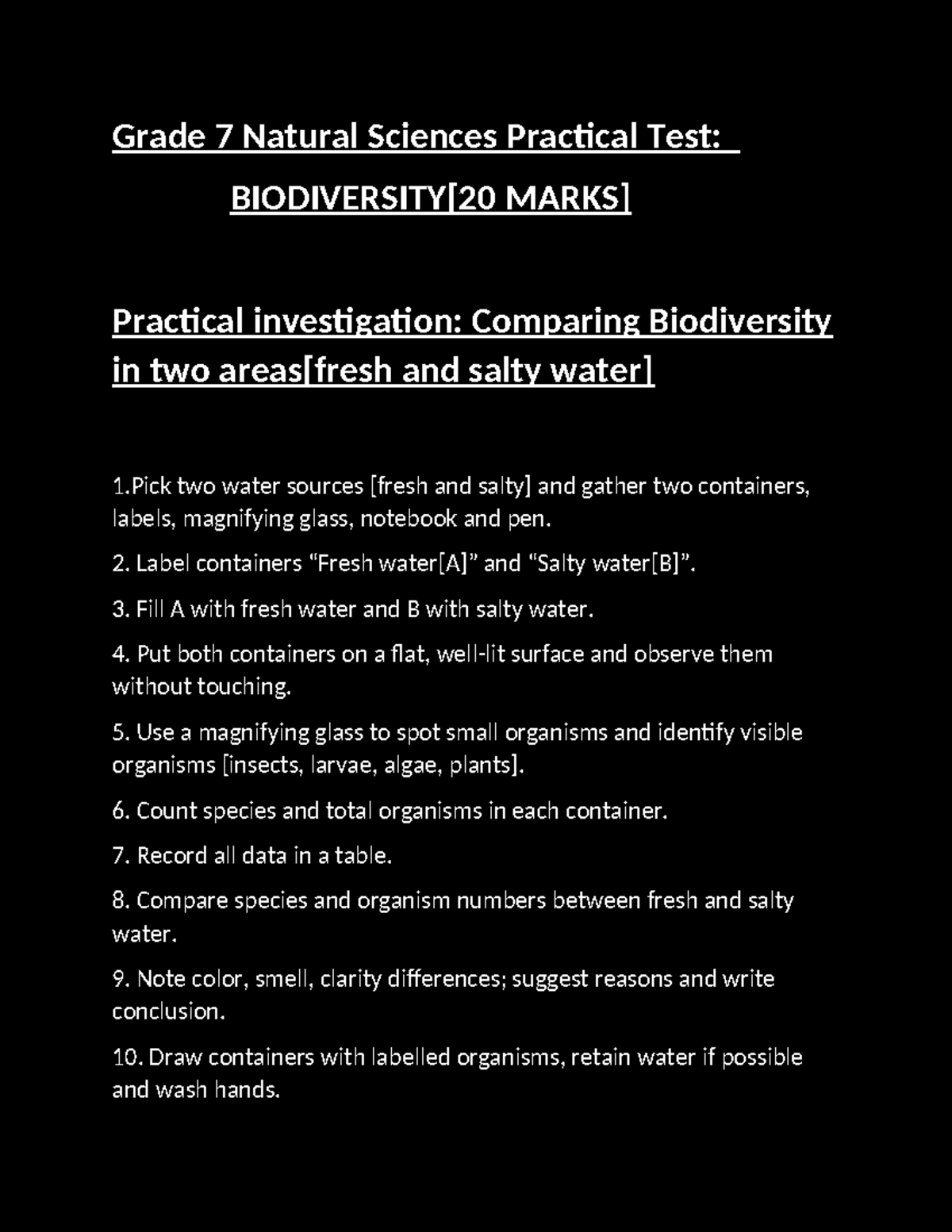 Grade 7 Natural Sciences Practical Test: Comparing Freshwater ...