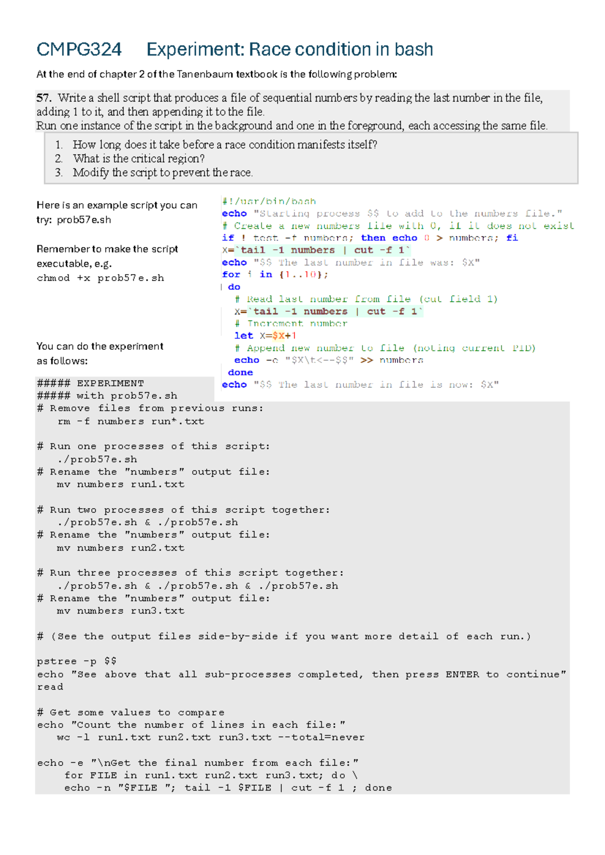CMPG324 Experiment: Analyzing Race Condition in Bash Script - Studocu