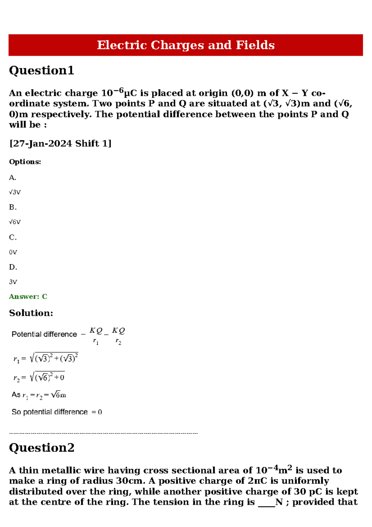 Electric Charges and Fields - Practice Questions (Course Code: Feb 2021 ...