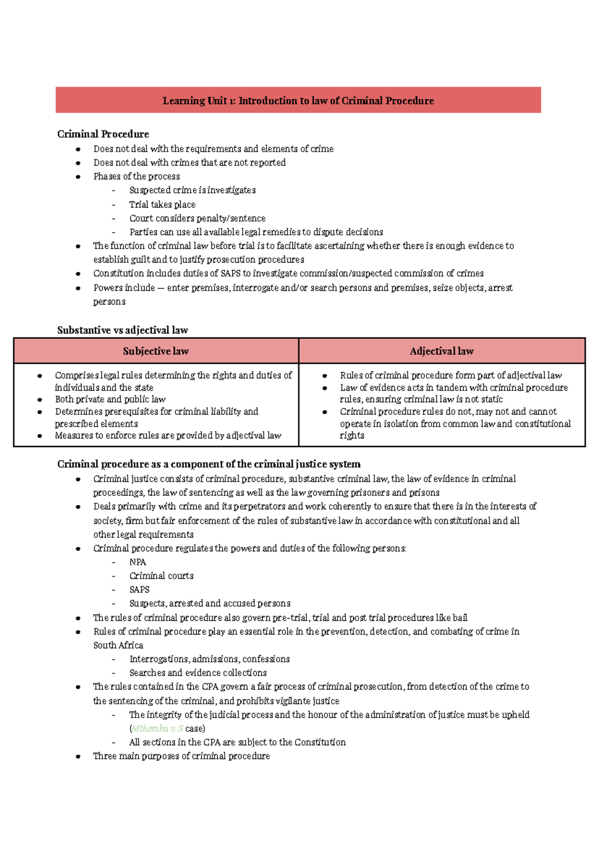 Criminal Procedure Notes: Learning Unit 1 - Intro to Criminal Law - Studocu