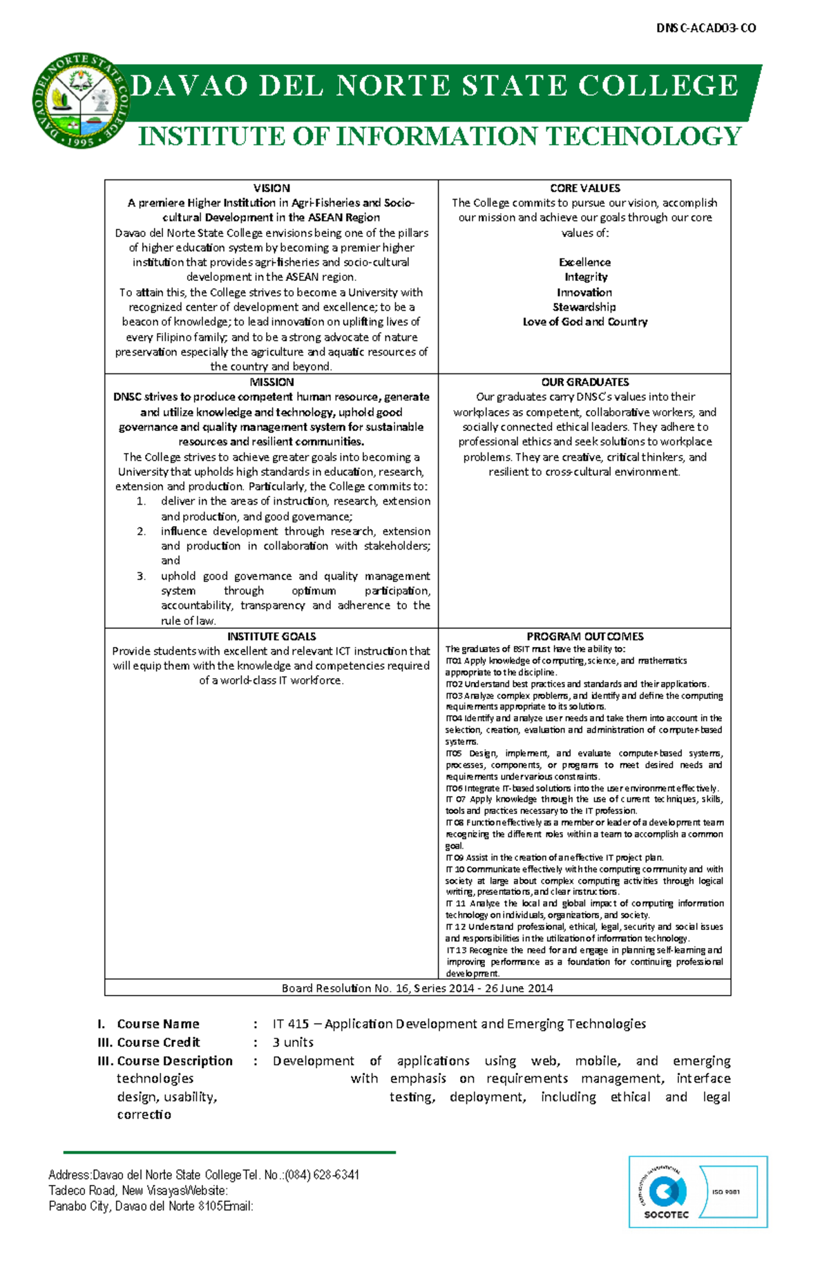AppDev Syllabus - Address:Davao del Norte State CollegeTel. No.:(084 ...