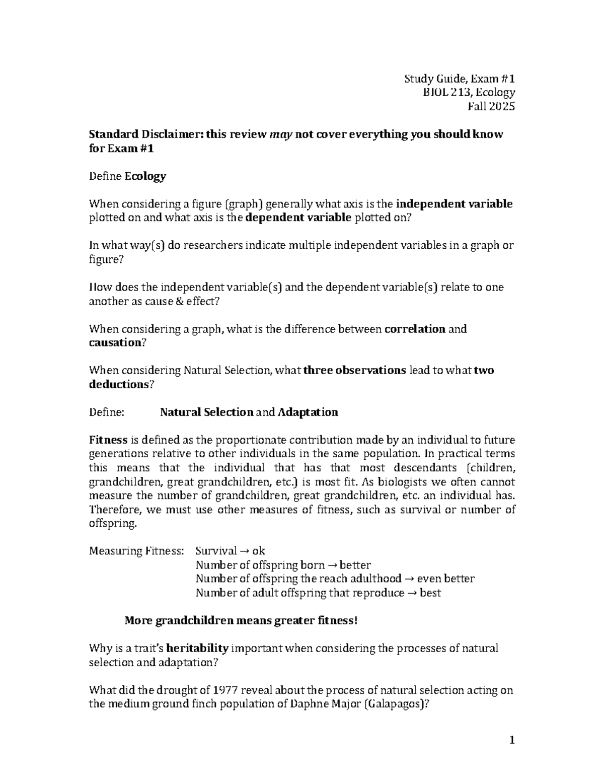 Study Guide for Ecology Midterm Exam (BIOL 213, Fall 2025) - Studocu