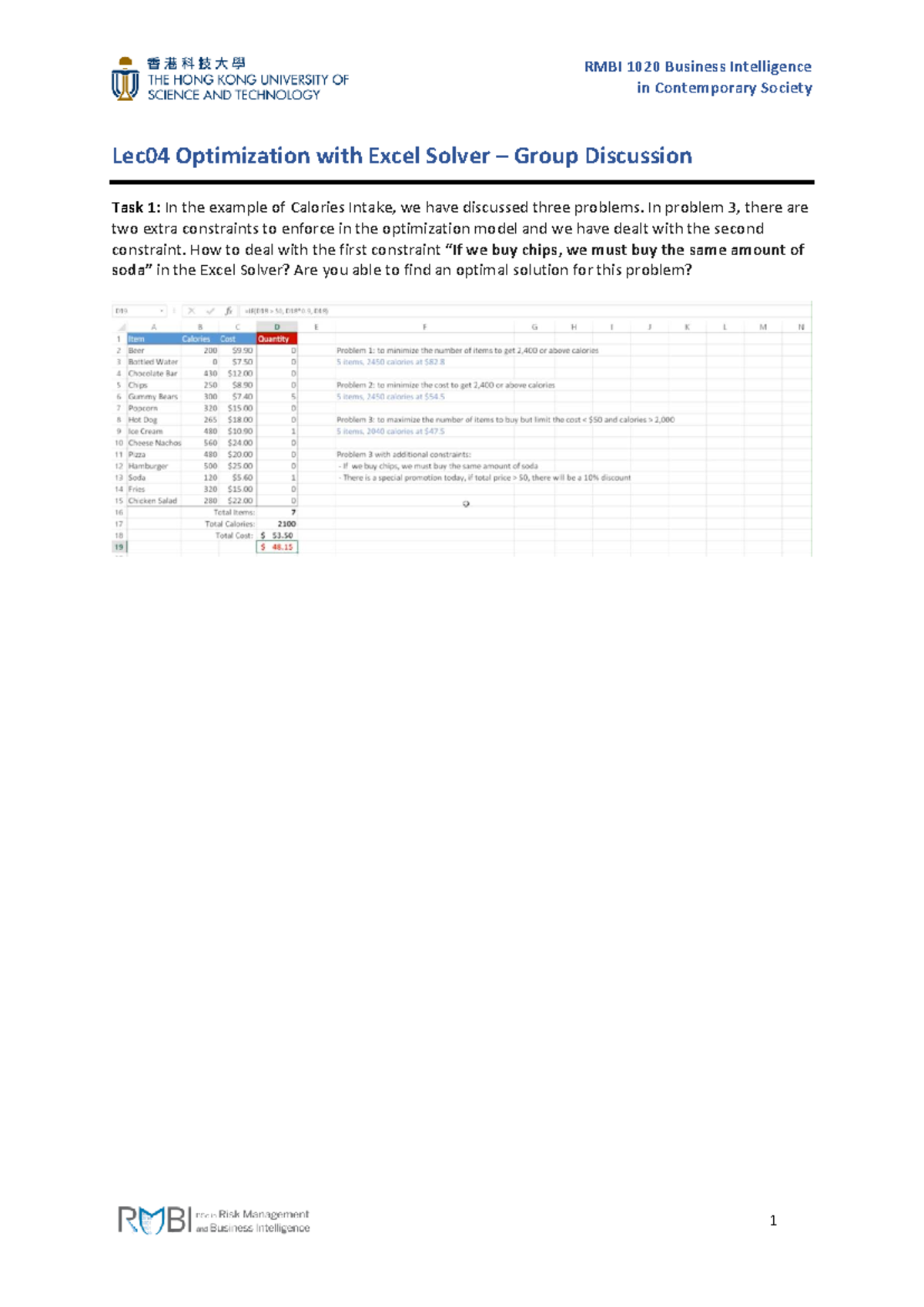 RMBI1020 Lecture 04: Excel Solver Optimization Discussion Notes - Studocu