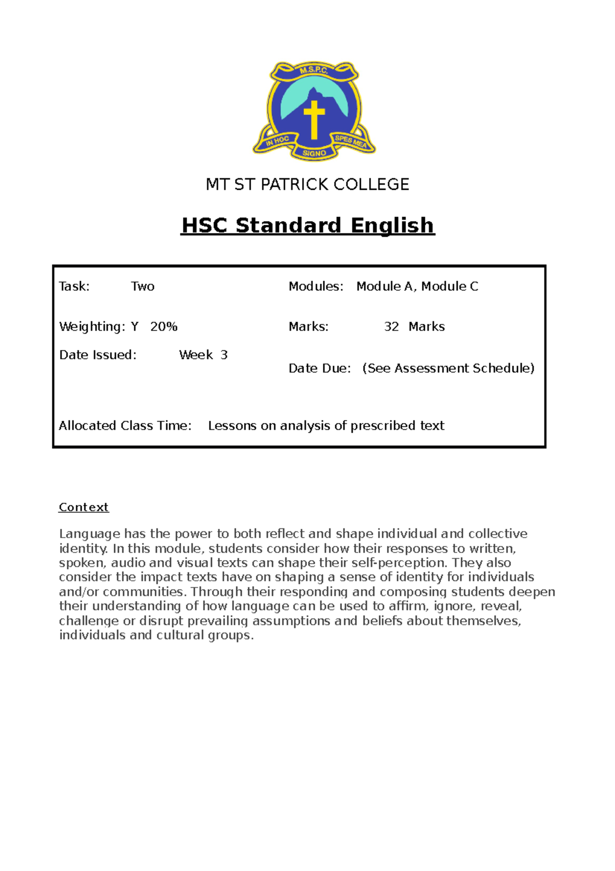 Year 12 HSC Standard English Module A Assessment Task 2 Guide - Studocu