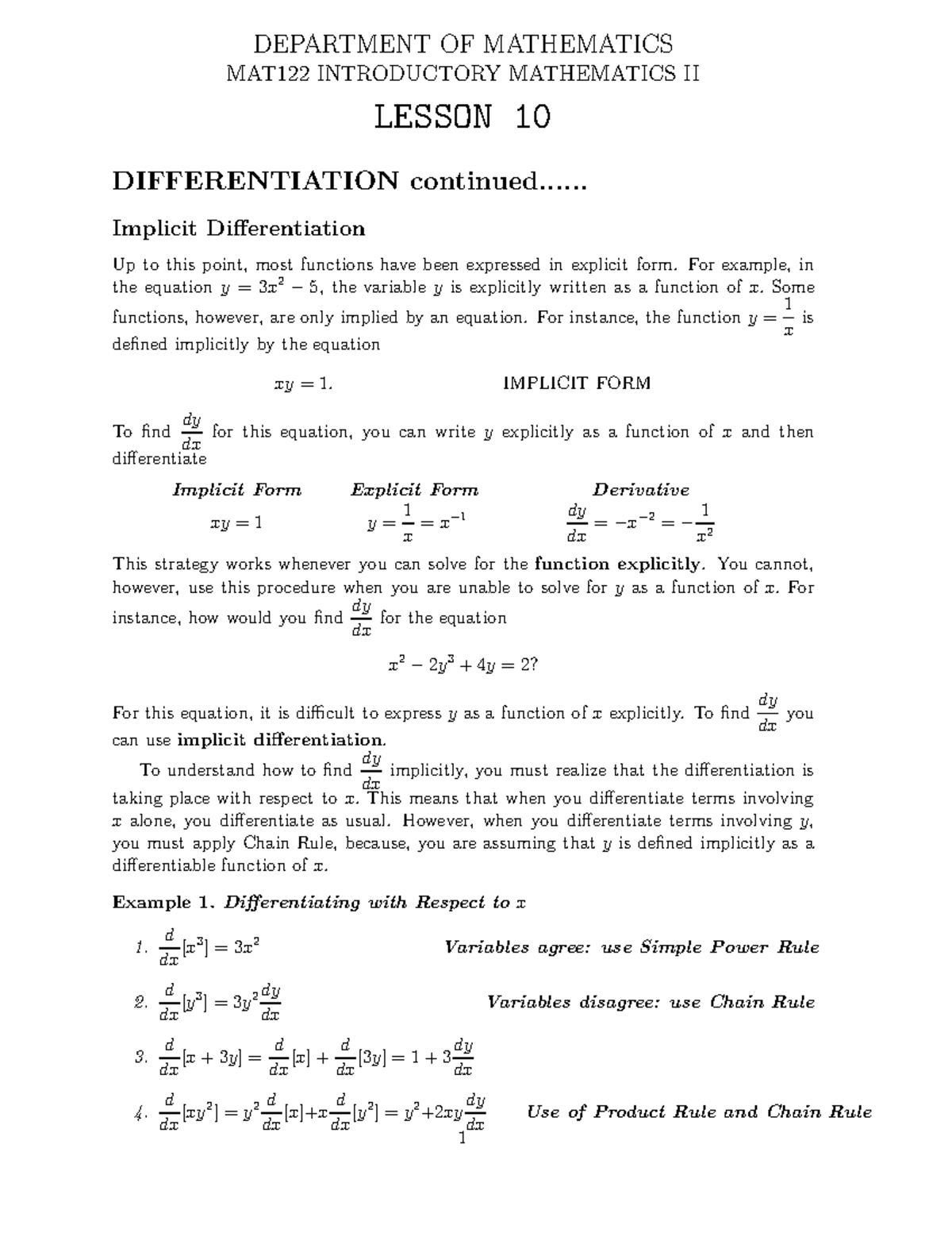 MAT122 Lesson 10: Implicit Differentiation Techniques and Examples ...