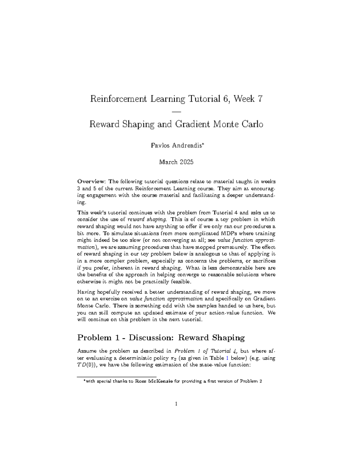 Reinforcement Learning Tutorial 6: Week 7 Reward Shaping & Gradient MC ...