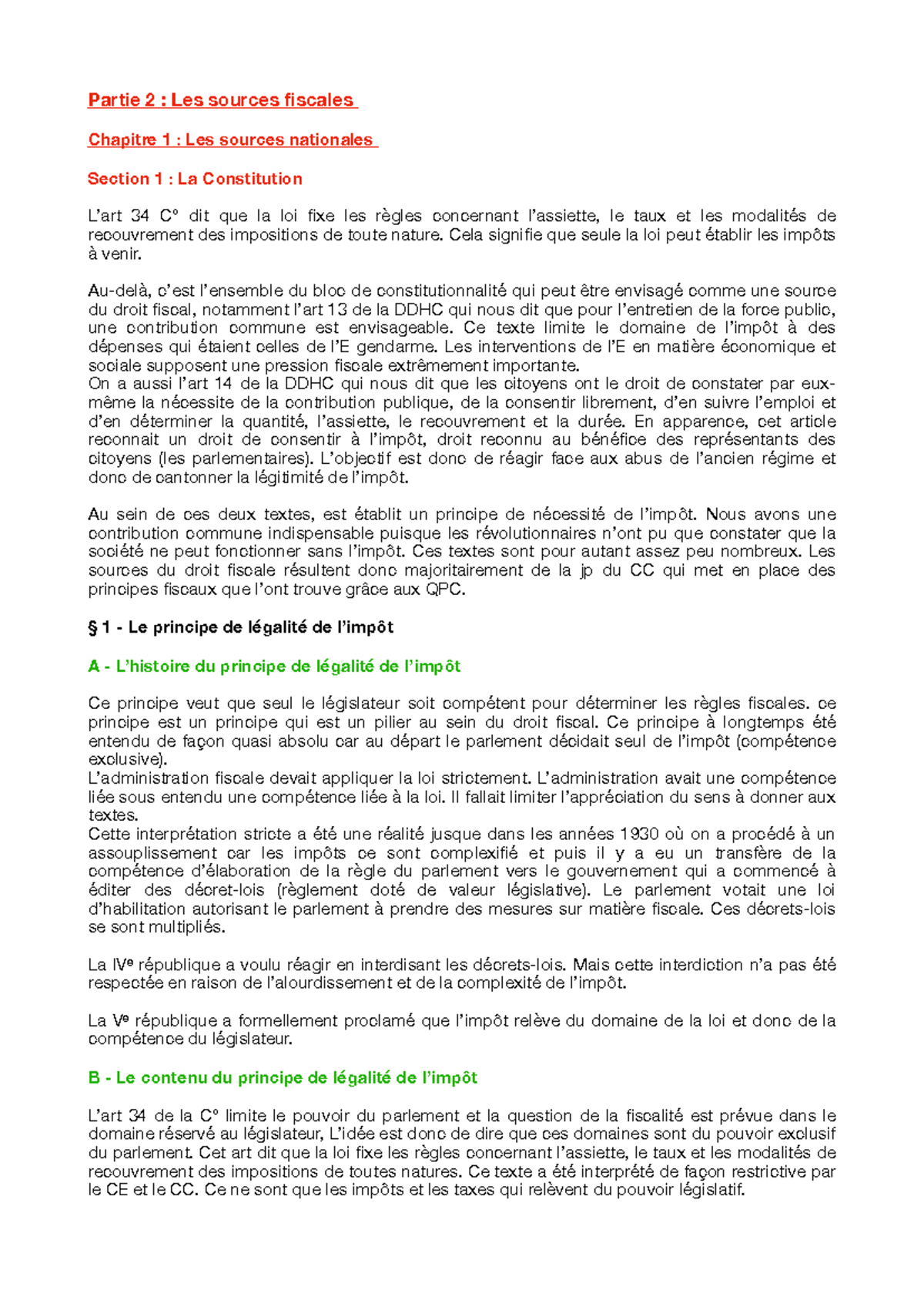Partie 2 : Droit Fiscal - Chapitre 1 : Les Sources Nationales - Studocu