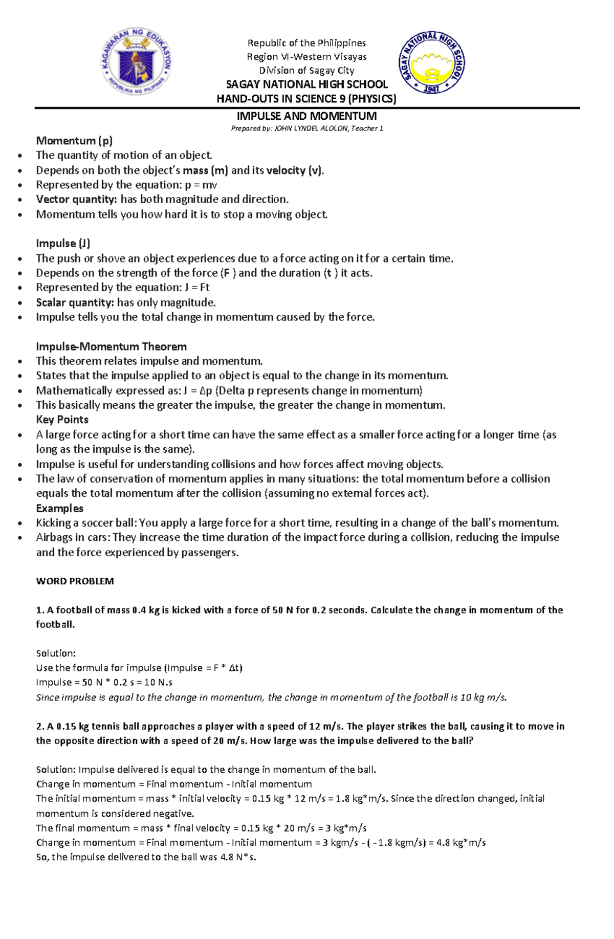 LAS 9 Handouts: Impulse and Momentum in Physics Concepts - Studocu