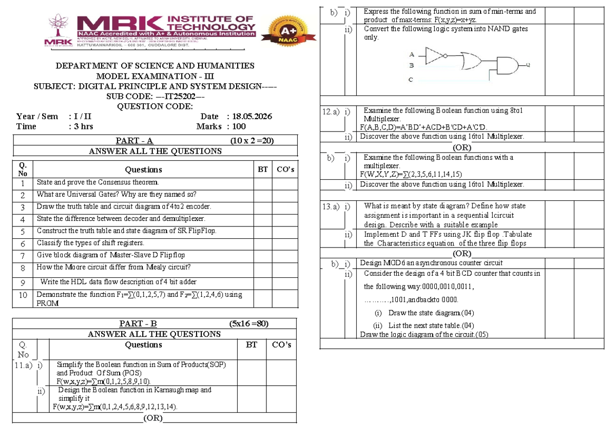 DPSD III Model Exam Questions for Digital Principles and Systems - Studocu