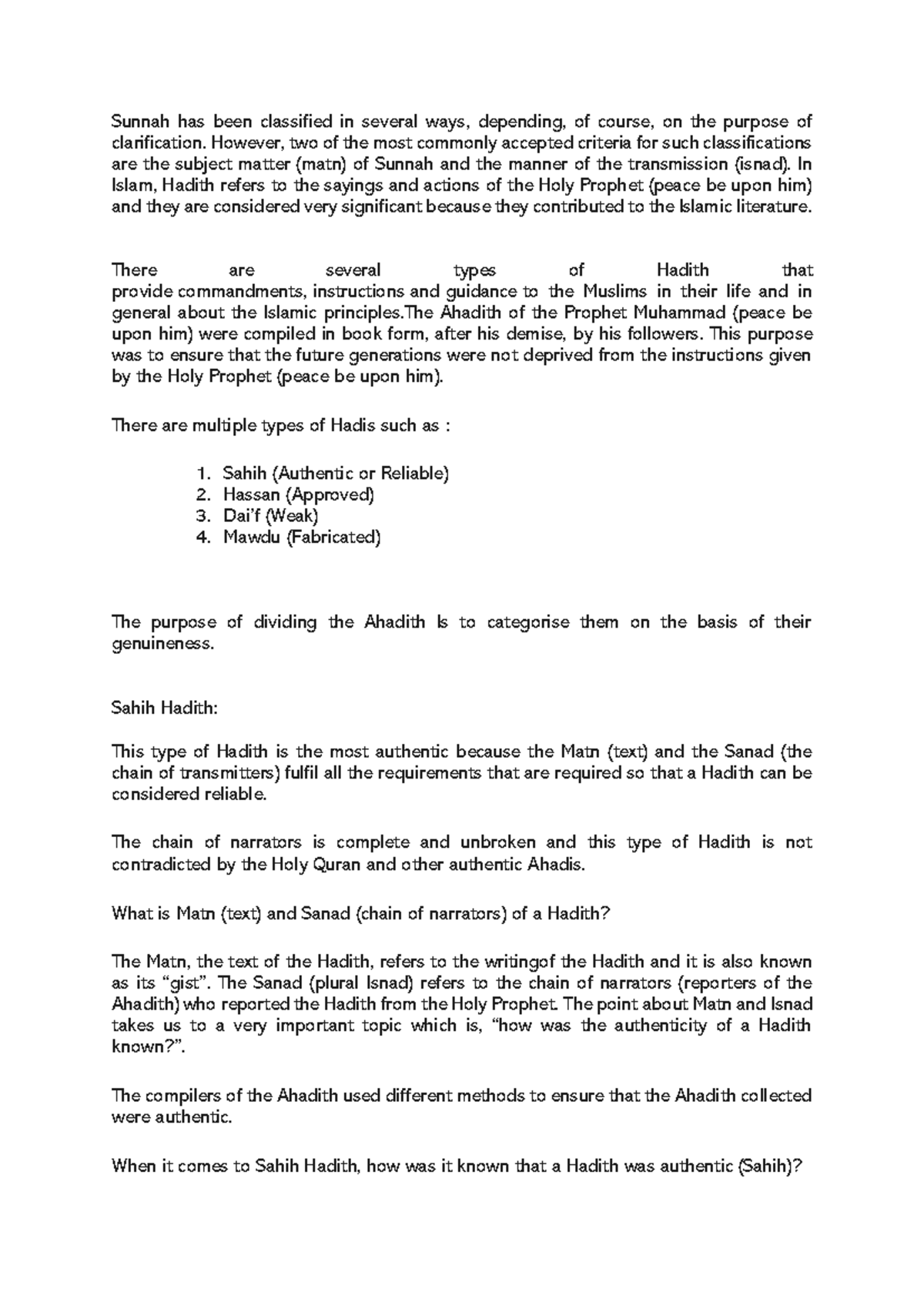 Sunnah: Understanding Isnad & Matn in Hadith Classification - Studocu