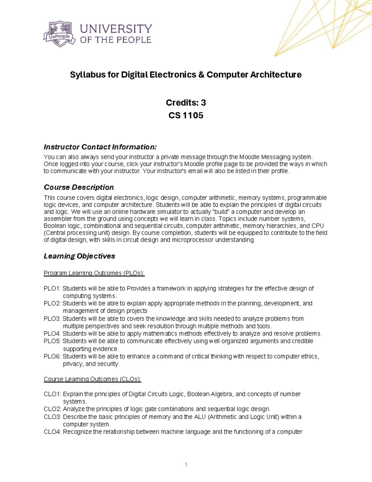 CS 1105 Syllabus: Digital Electronics & Computer Architecture - Studocu