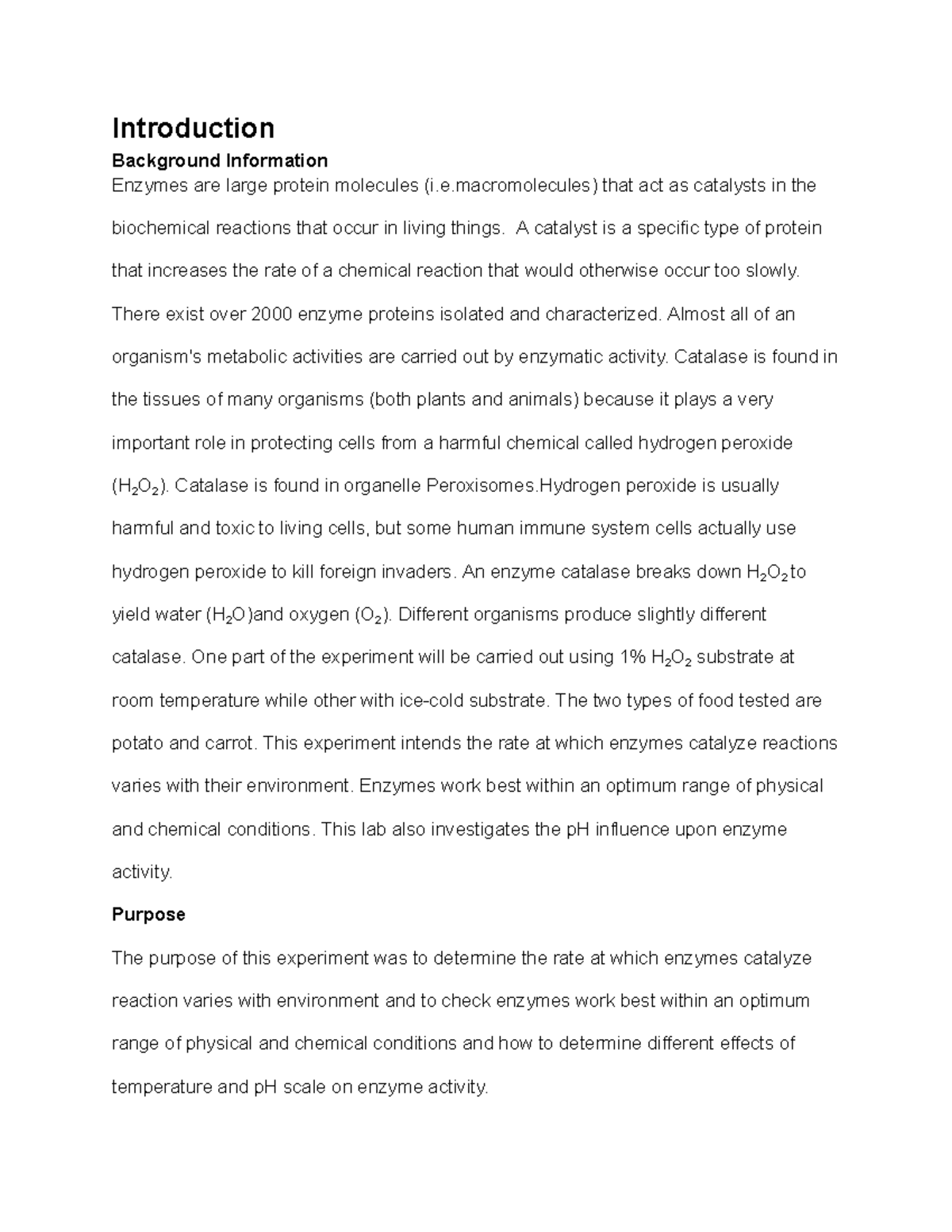 BIO 101 Final Lab Report: Enzymatic Activity of Catalase in Different ...