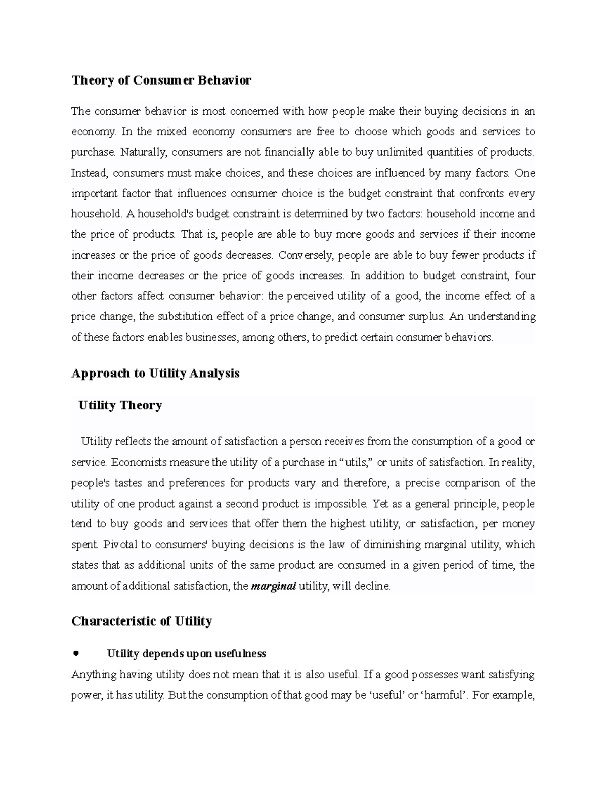 Theory of Consumer Behavior: Key Concepts and Utility Analysis - Studocu