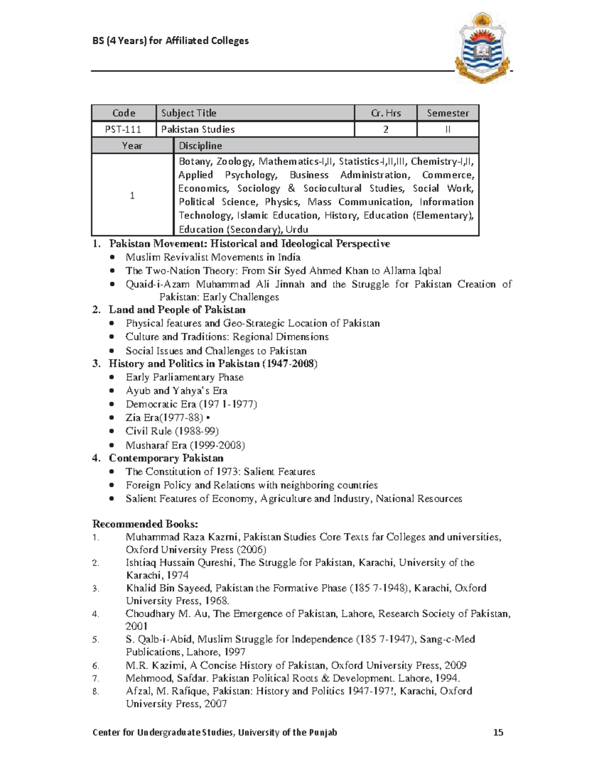 PST-111 - Comprehensive Course Outline for Pakistan Studies - Studocu