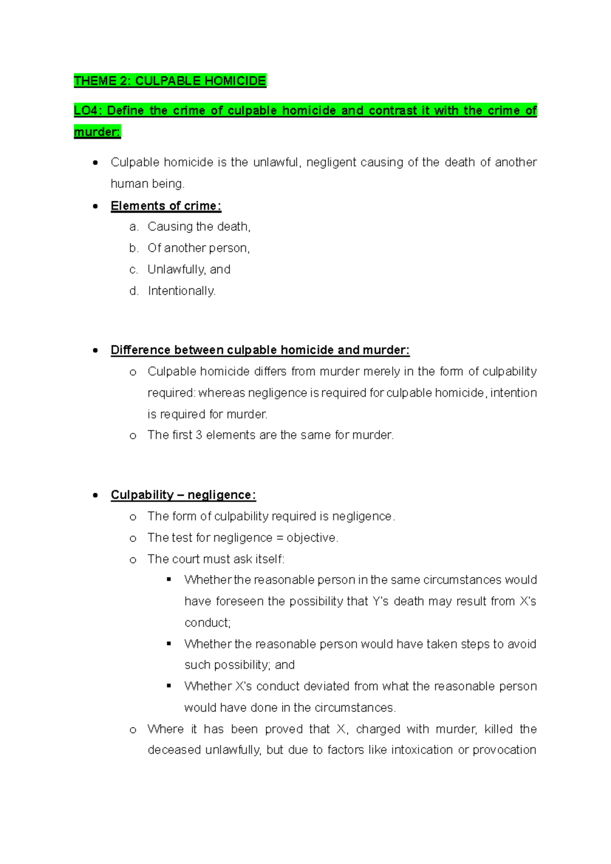 SPOF Theme 2: Culpable Homicide vs. Murder Analysis - Studocu - All For One