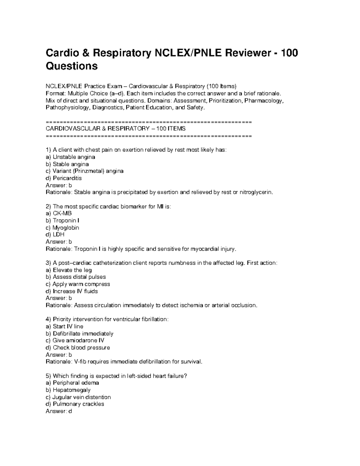 Cardio Respiratory NCLEX PNLE 100-Question Practice Exam - Studocu