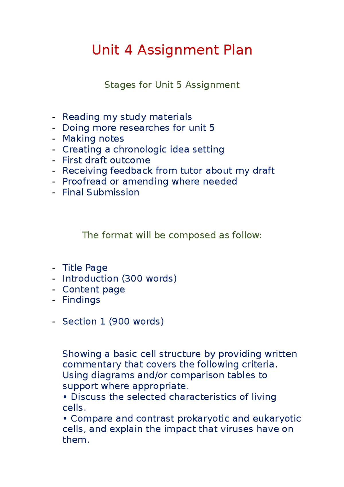 Unit 4 Assignment Plan: Structure & Functions of Cells - Studocu