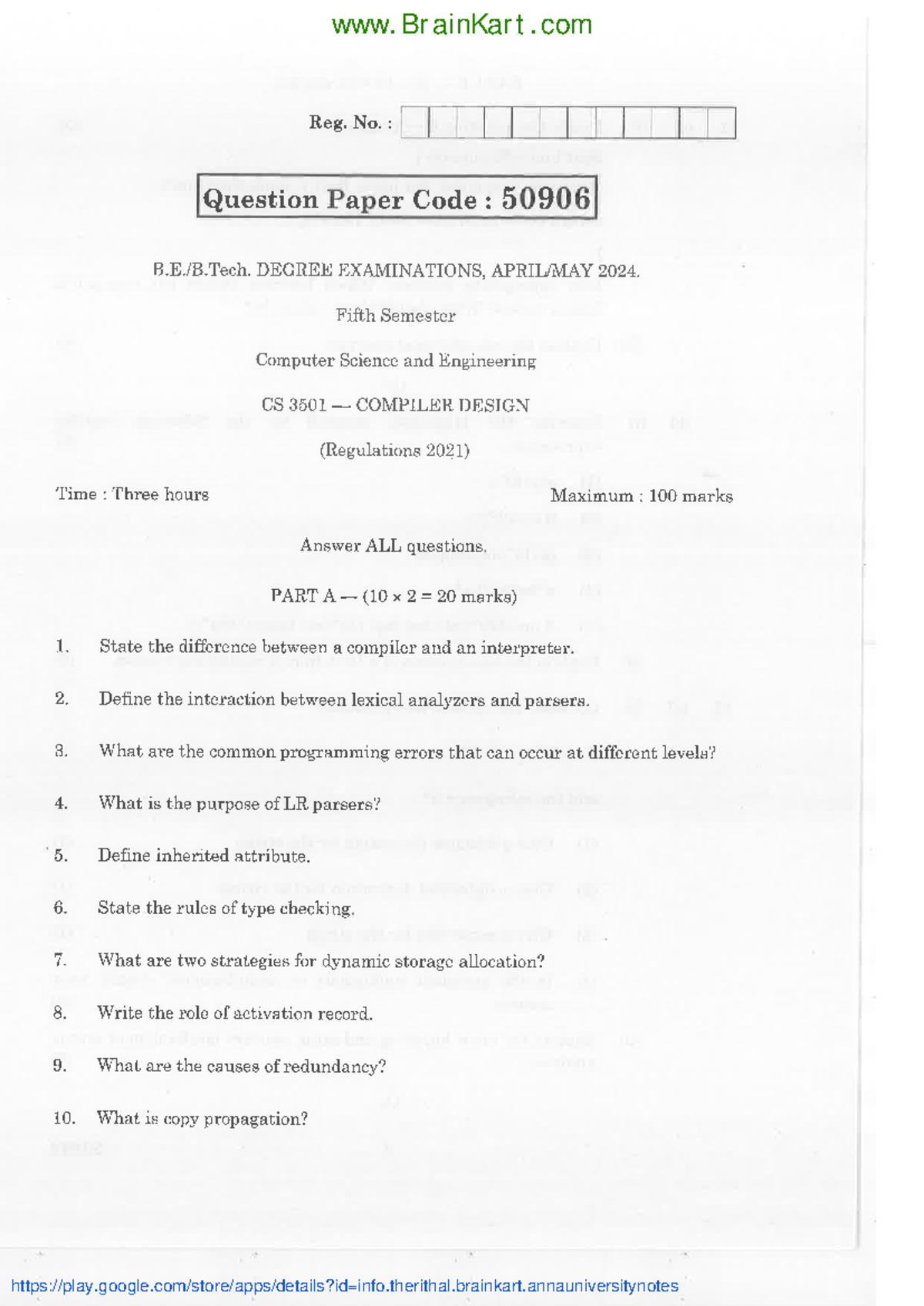 Compiler Design - CS3501 2024 April May Question Paper - Studocu