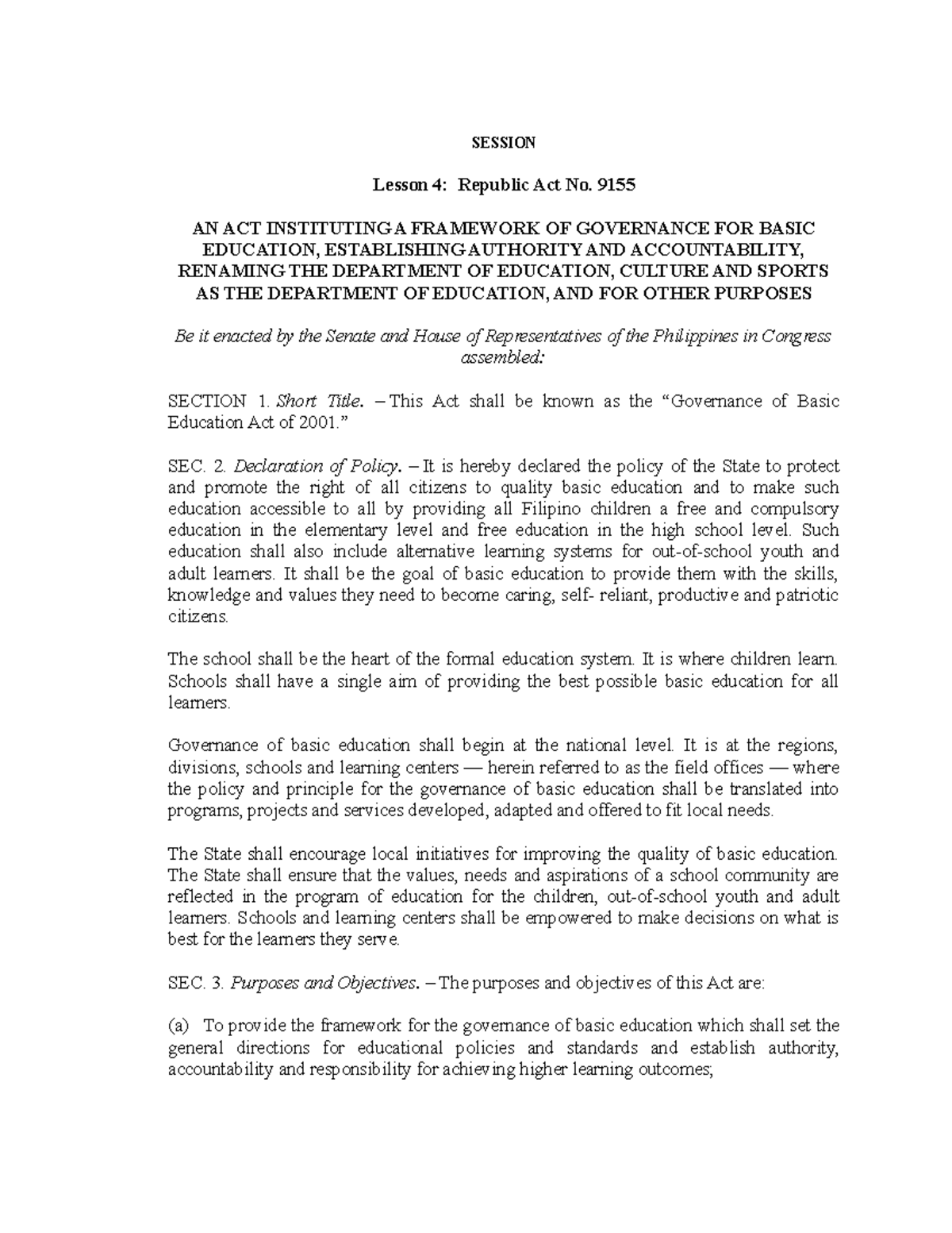 RA 9155 - LAW - SESSION Lesson 4: Republic Act No. 9155 AN ACT ...