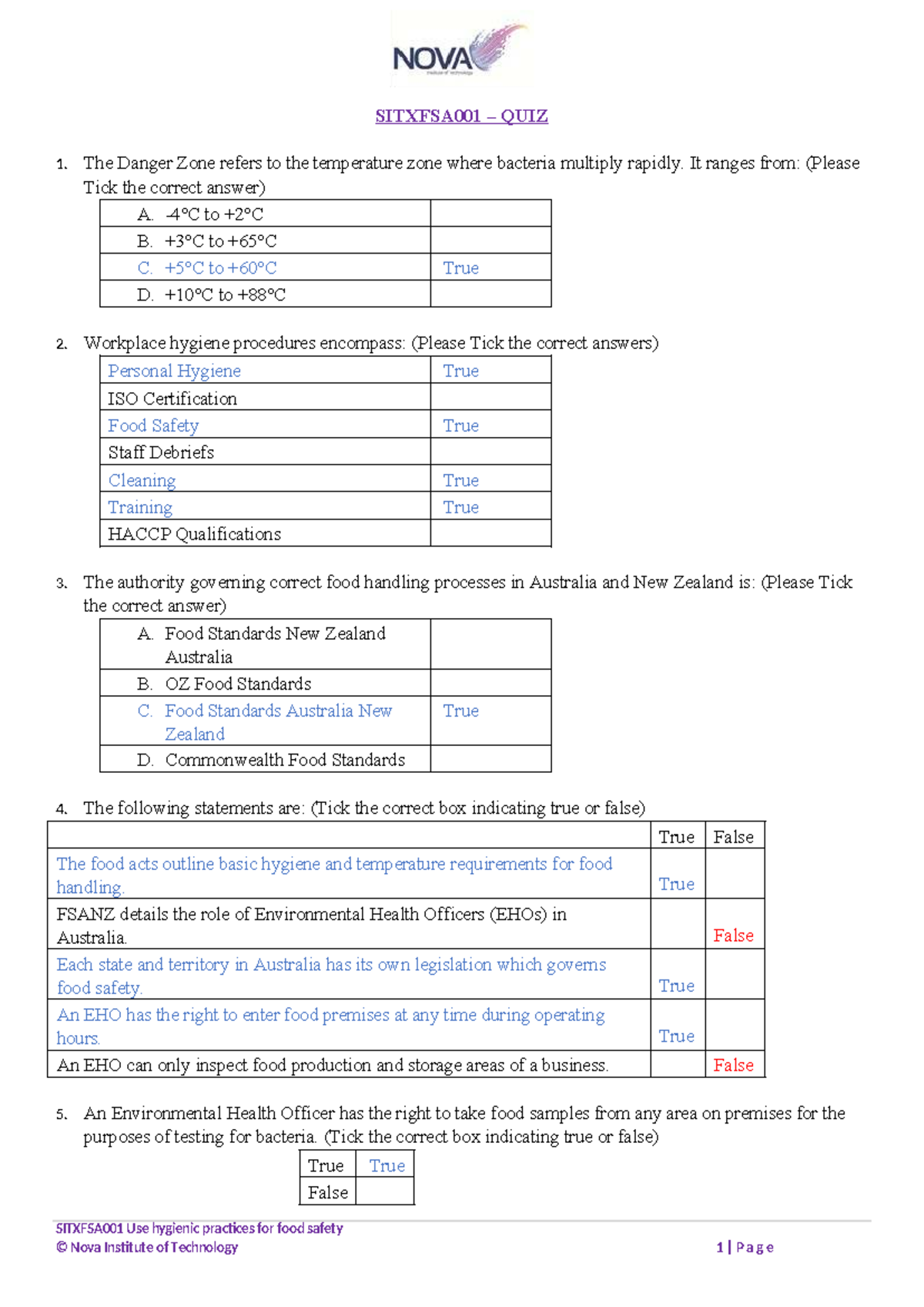 SITXFSA001 Quiz: Cookery Unit 1 Comprehensive Answers - Studocu