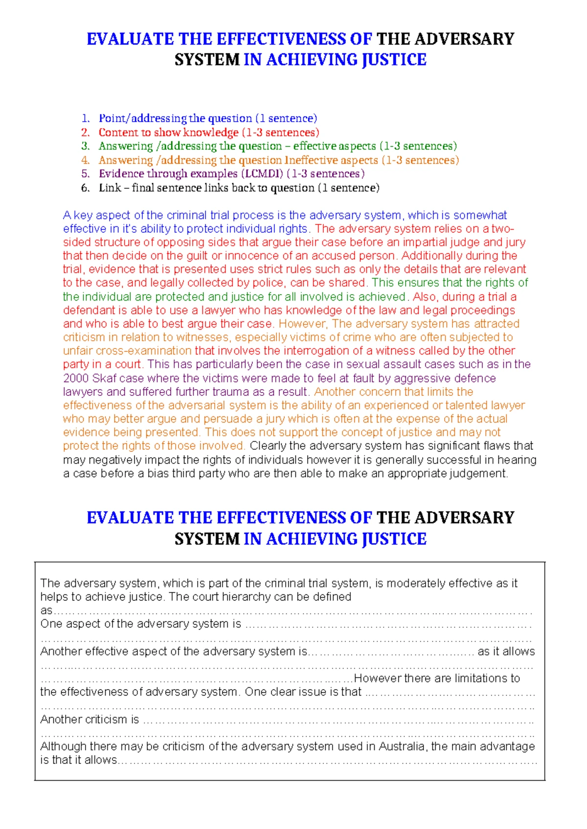 Year 11 Legal Studies: Law Reform Worksheet for Topic One - The Legal ...