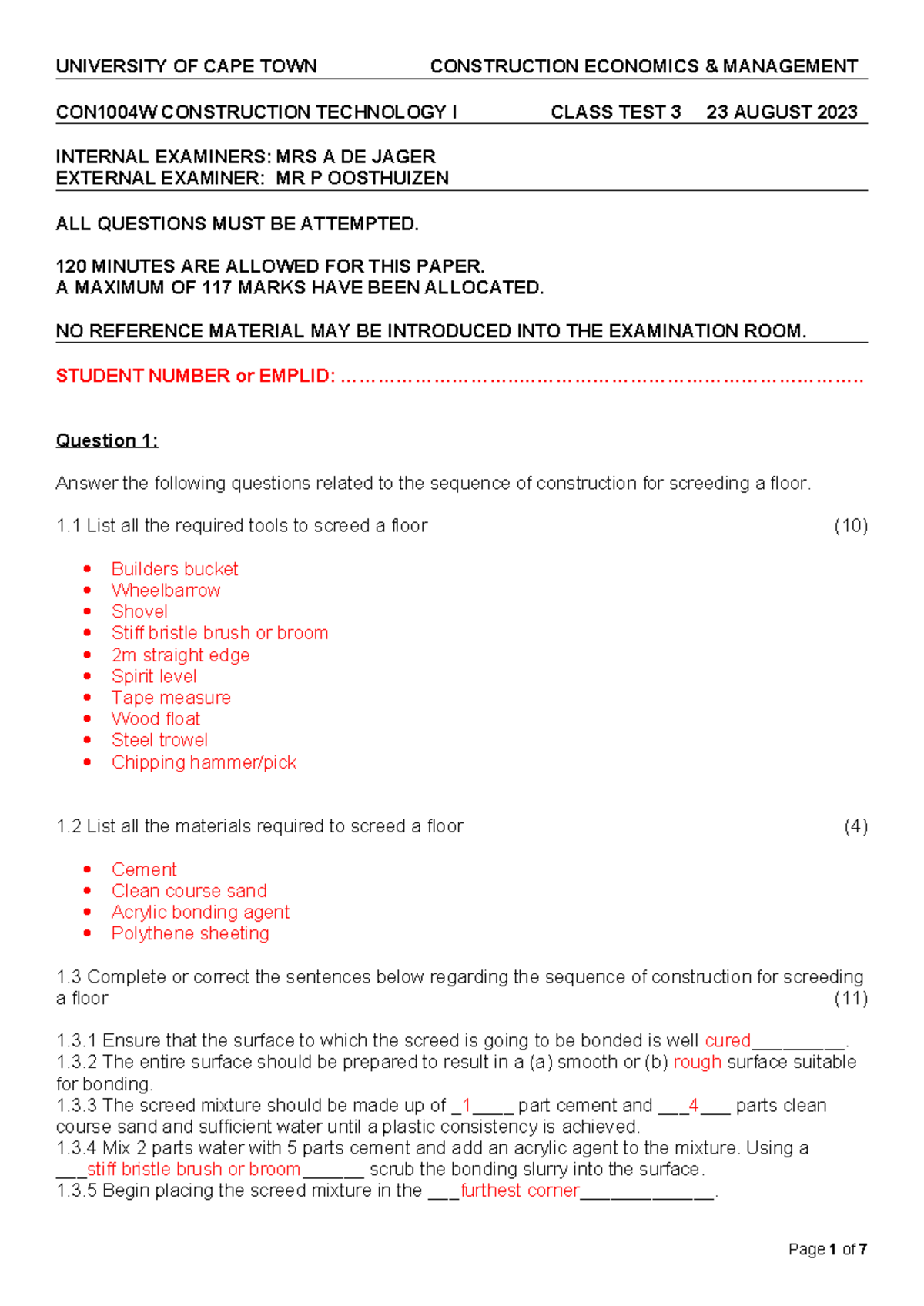 2023 CON1004W - Construction Technology I Class Test 3 Memo - Studocu