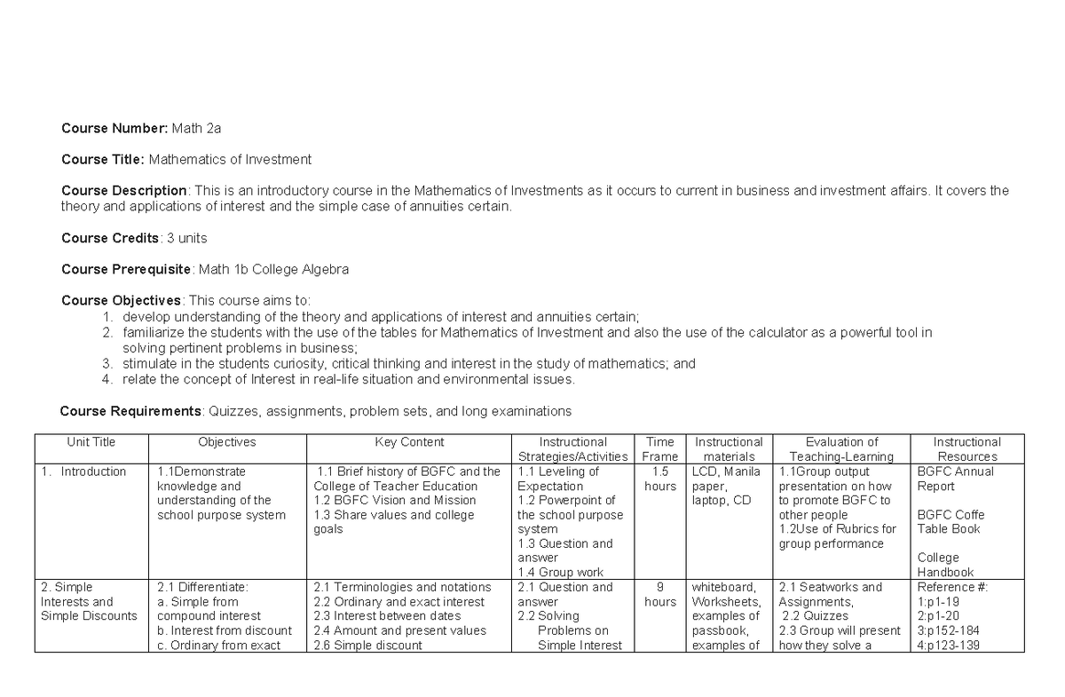 Math 2a: Intro to Mathematics of Investment - Course Overview and ...
