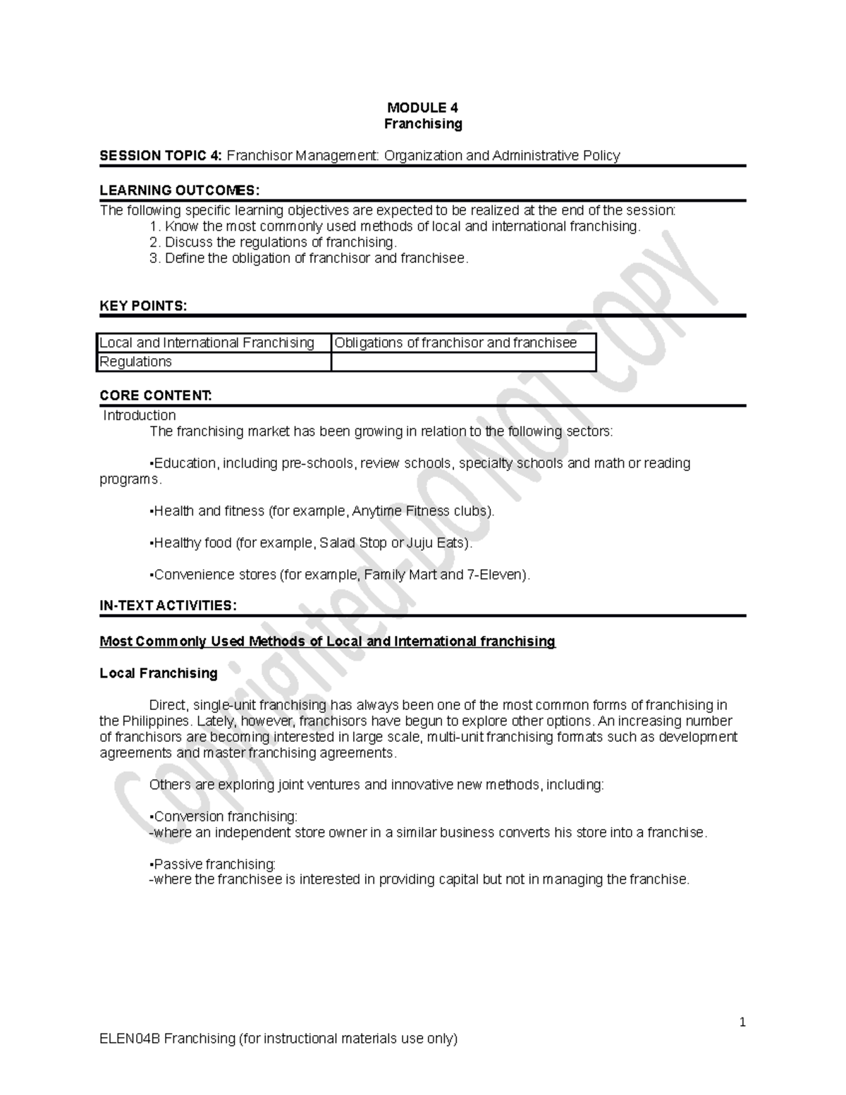 Module 4 ELEN04B - Franchising Management & Regulations Overview - Studocu
