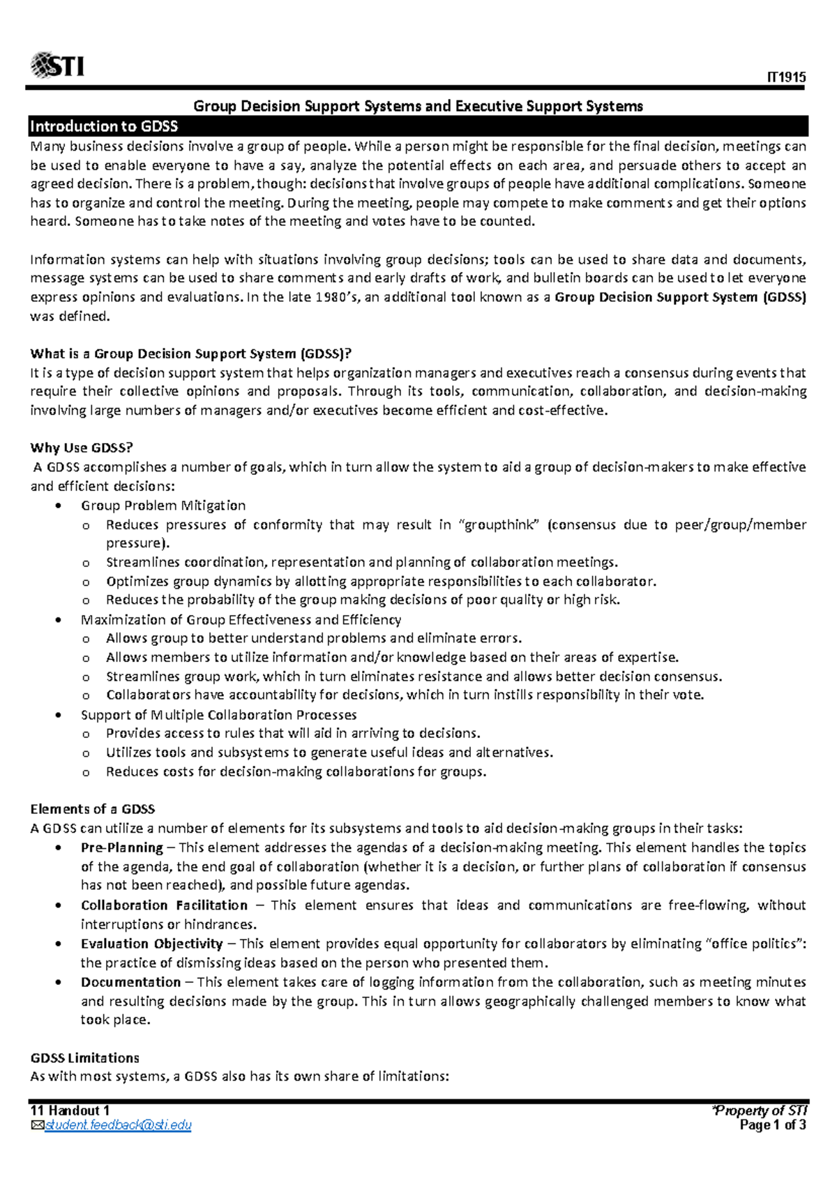 IT1915 Group Decision Support Systems: Overview and Applications - Studocu