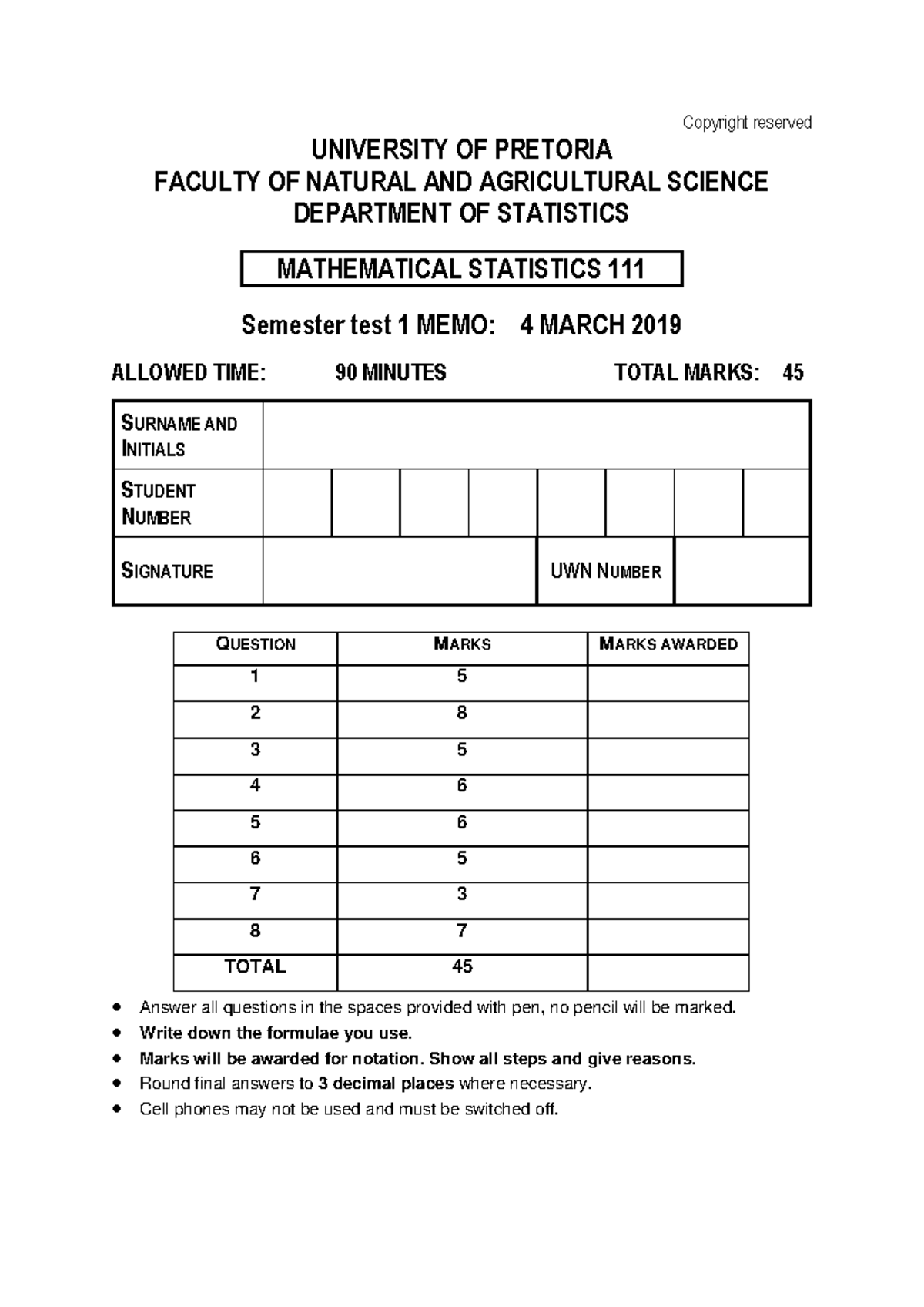 Mathematical Statistics 111: Semester Test 1 Memo (4 March 2019) - Studocu