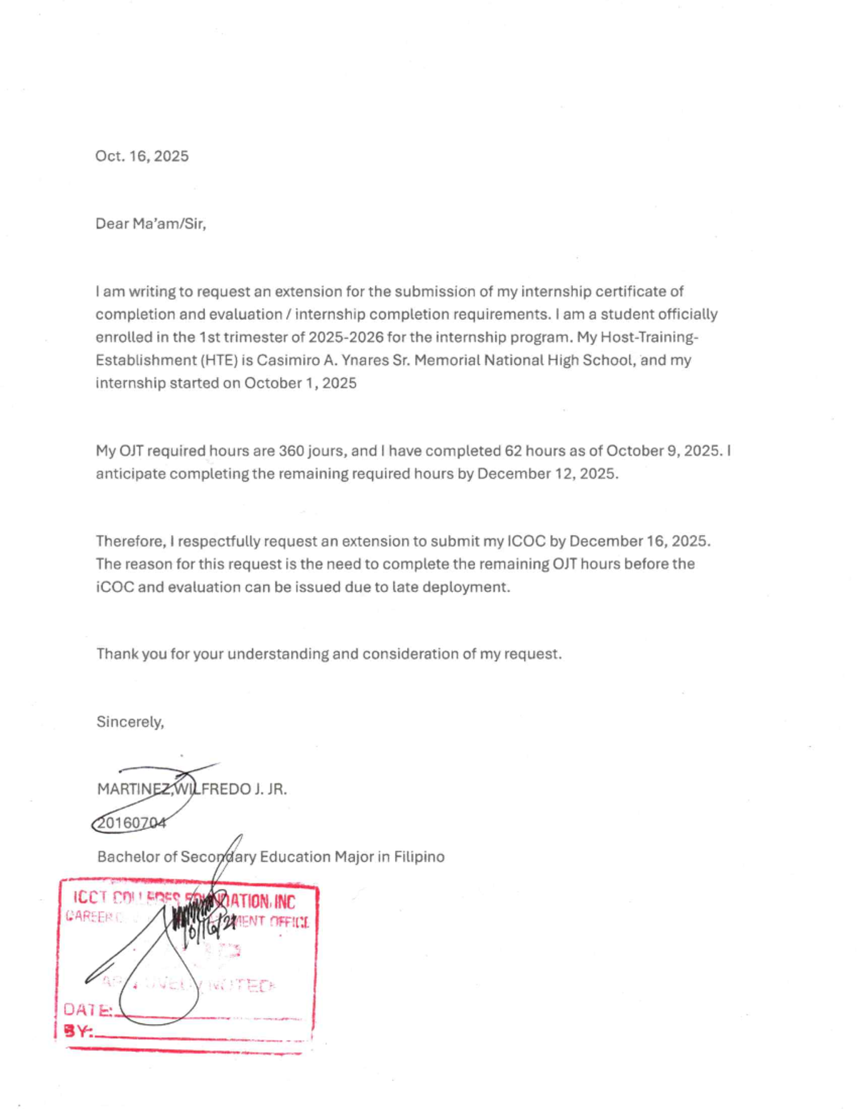 Request for Extension: Internship Certificate Submission - CDJP - Studocu