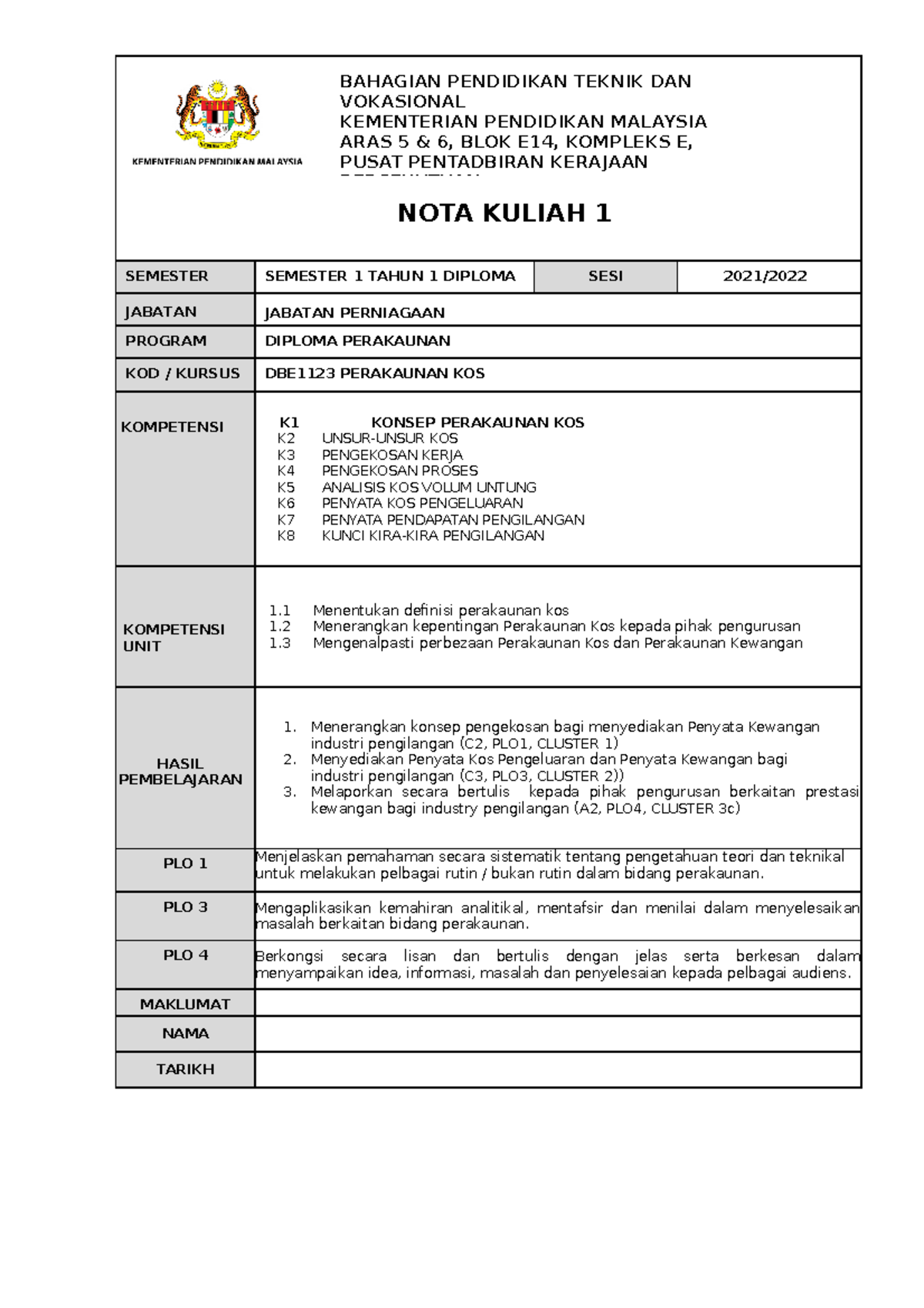 NOTA Kuliah 1 - DBE1123 Perakaunan Kos dan Pengekosan - Studocu