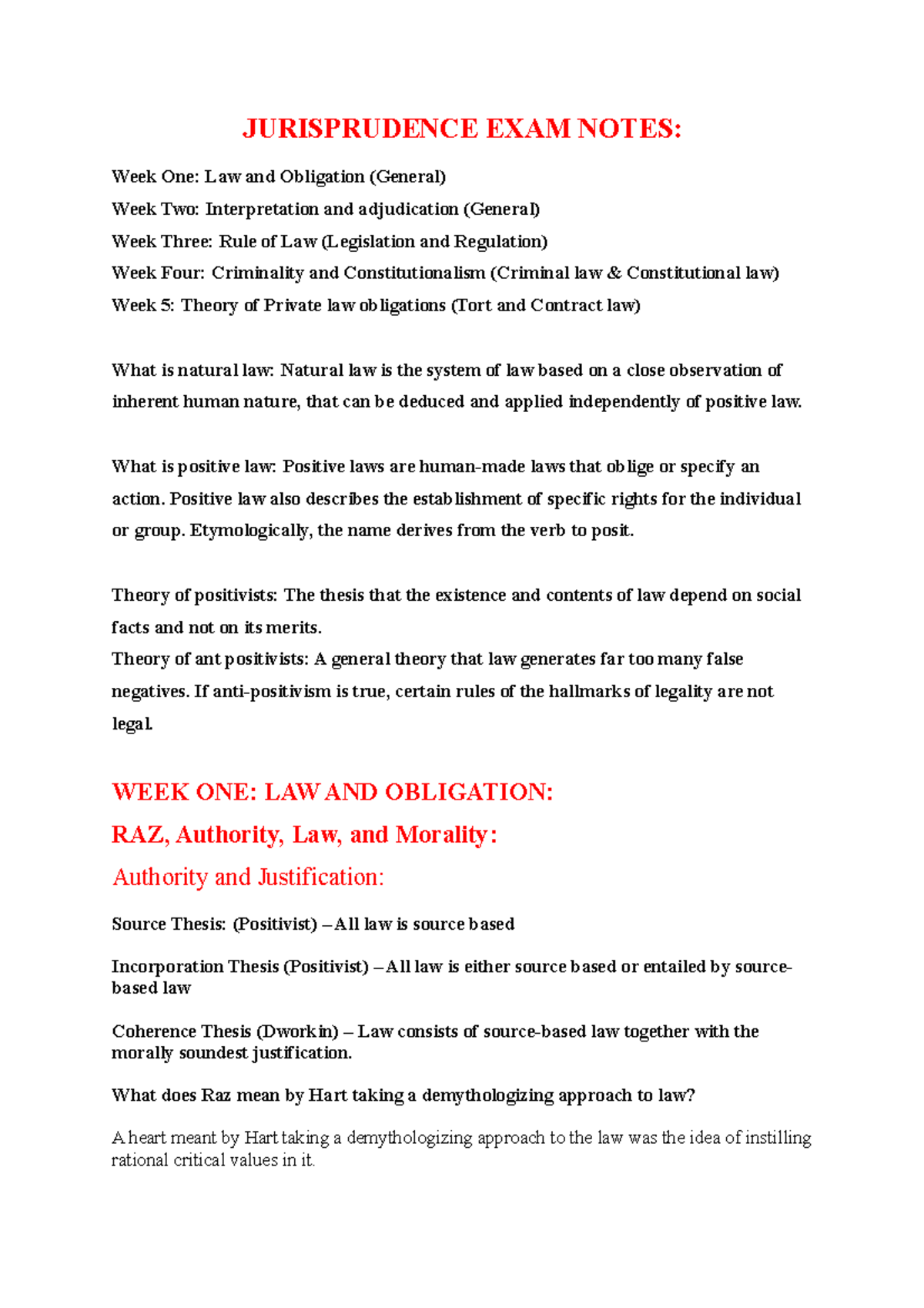 Jurisprudence Exam Notes - JURISPRUDENCE EXAM NOTES: Week One: Law and ...