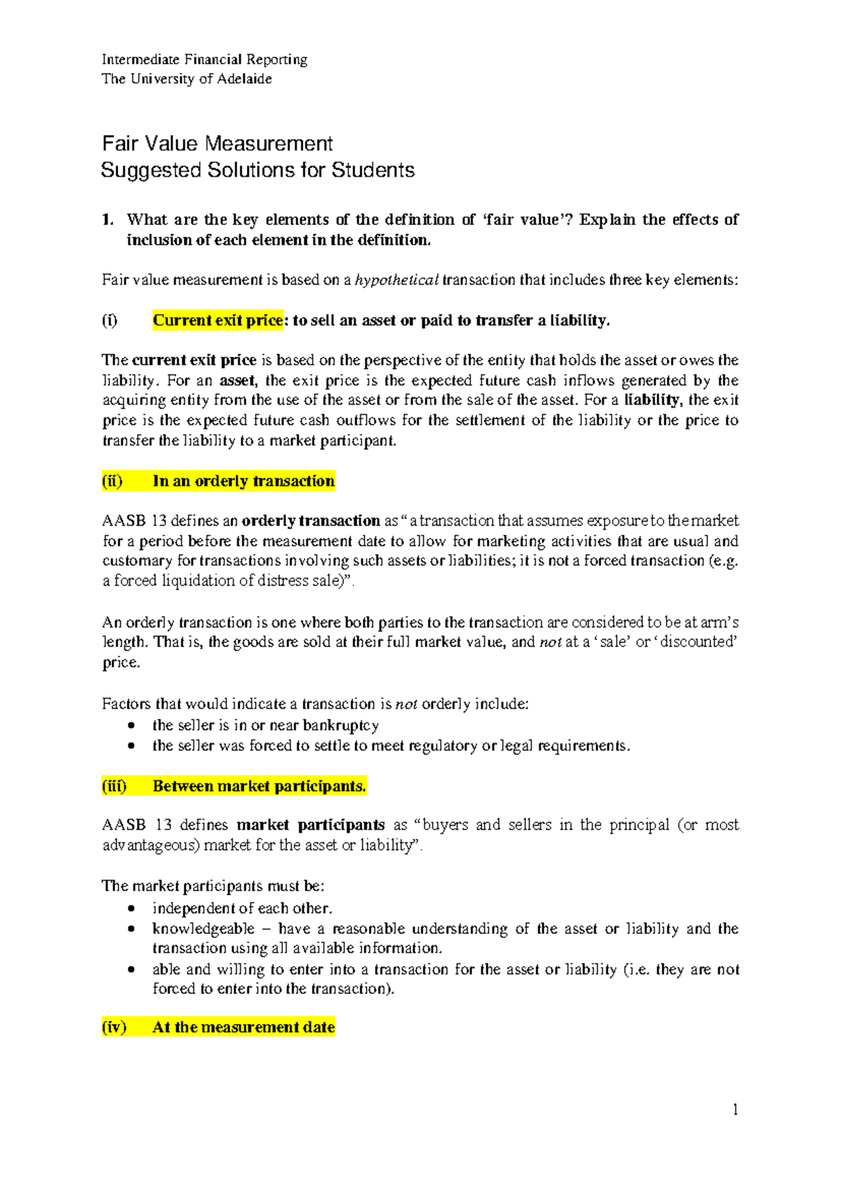 Intermediate Financial Reporting (FINA 202) Fair Value Measurement ...