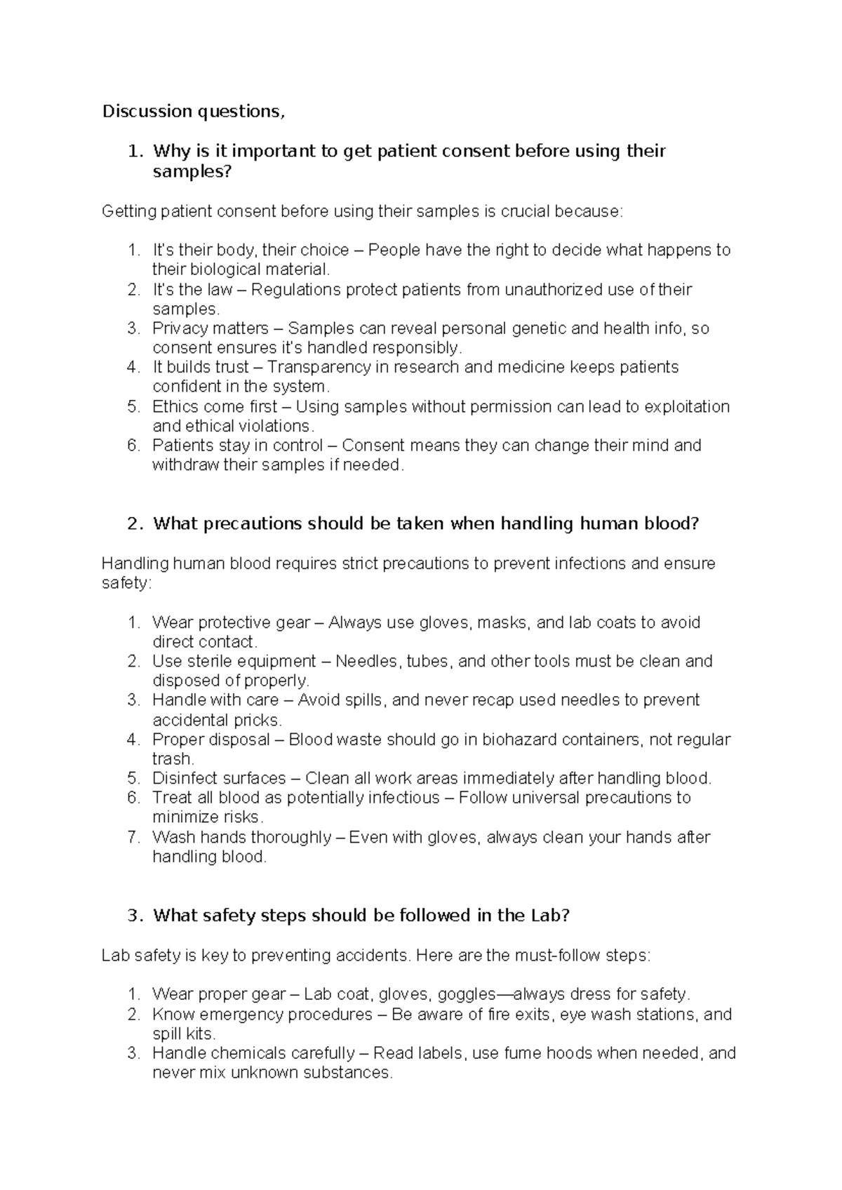 Practicum 1: Discussion questions on patient consent and lab safety ...