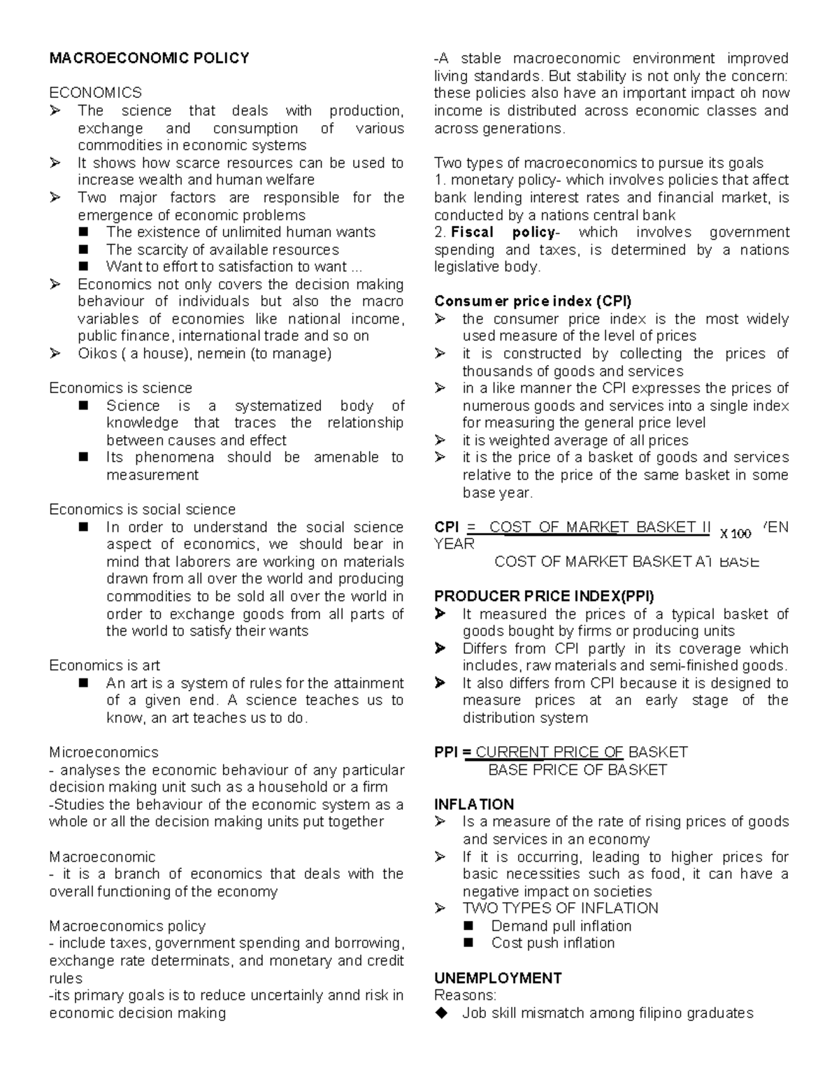 Prelims-ECON 101: Macroeconomic Policy Overview and Key Concepts - Studocu