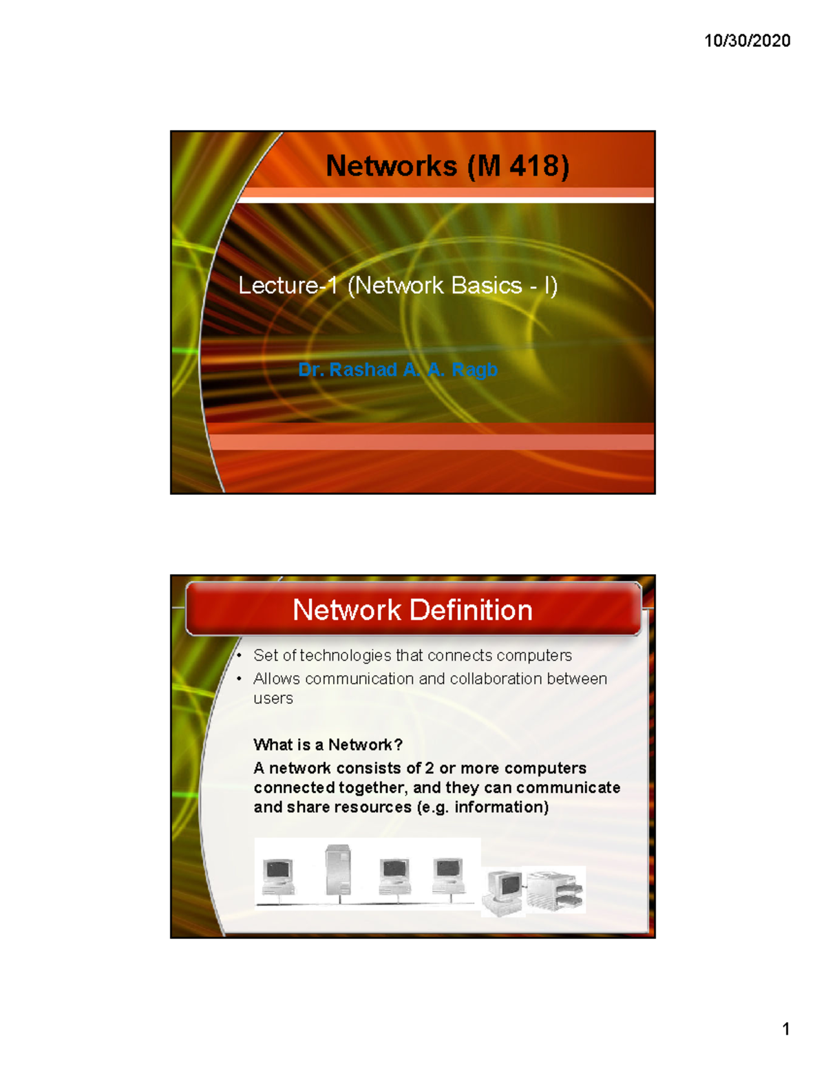 Computer Networks - Lecture 1 - Networks (M 418) Lecture-1 (Network ...