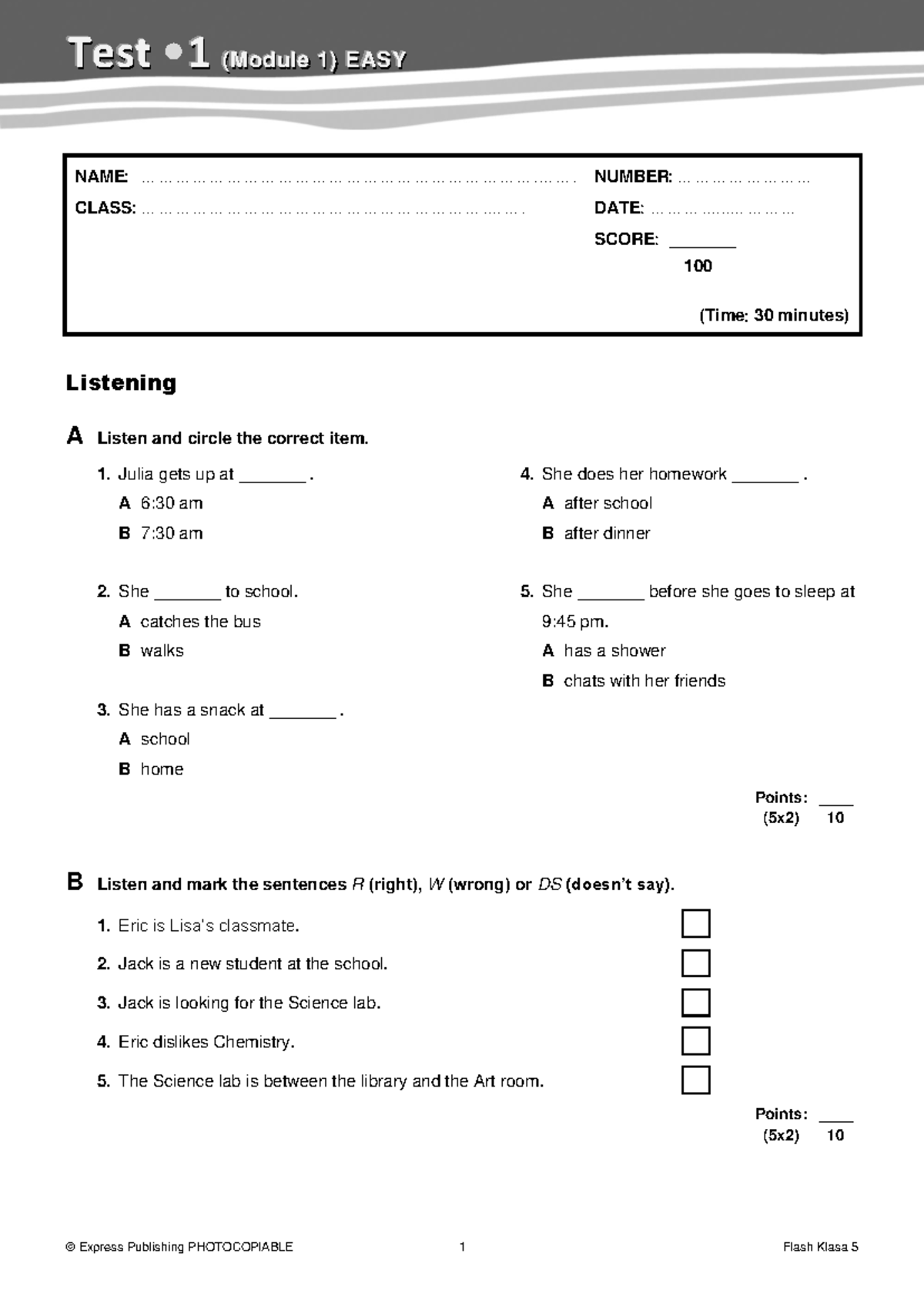 Flash Kl 5 Test (Module 11) EASY Listening & Reading Activities - Studocu