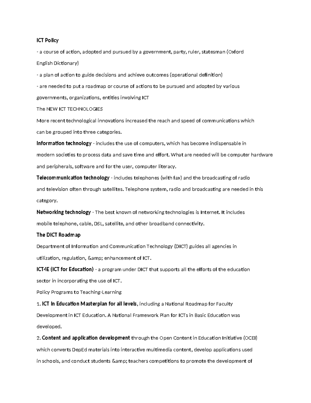 ICT Policy - it gives more information - ICT Policy a course of action ...