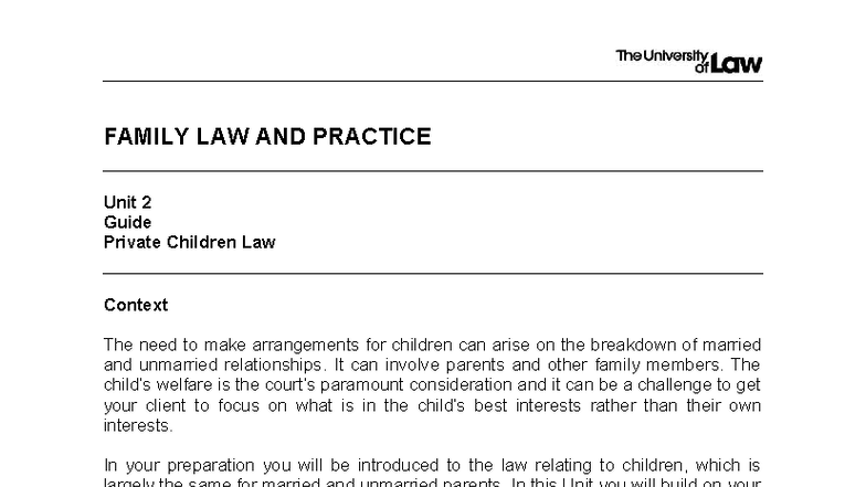 FAMILY LAW AND PRACTICE Unit 2 Workshop 2: Private Children Law Guide ...