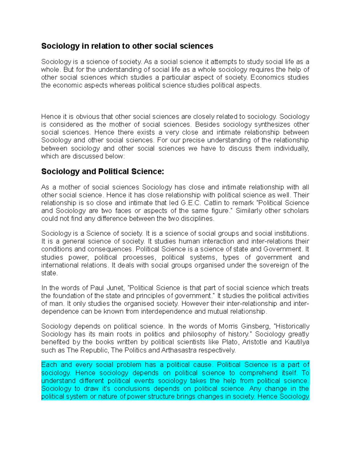 Sociology (SOC 101): Interrelations with Other Social Sciences - Studocu
