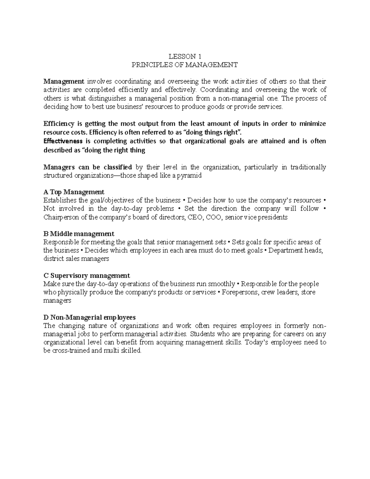 Management Principles and Concepts for Intro to Management Exam - Studocu