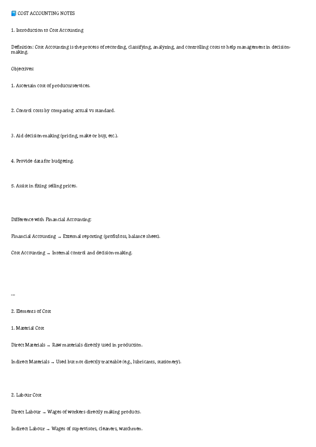 COST ACCOUNTING NOTES: Key Concepts and Analysis - Studocu