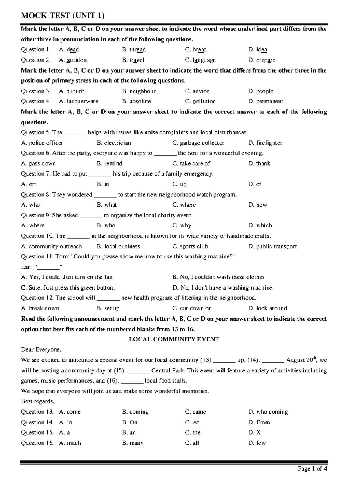 MOCK TEST FOR UNIT 1 (02): Pronunciation and Stress Practice - Studocu