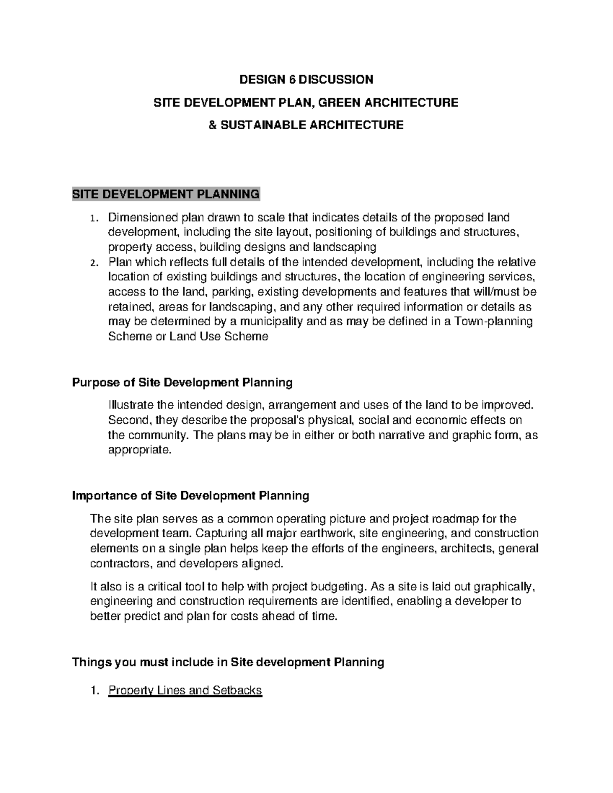 Site Development Planning for Sustainable Architecture (DESIGN 6) - Studocu