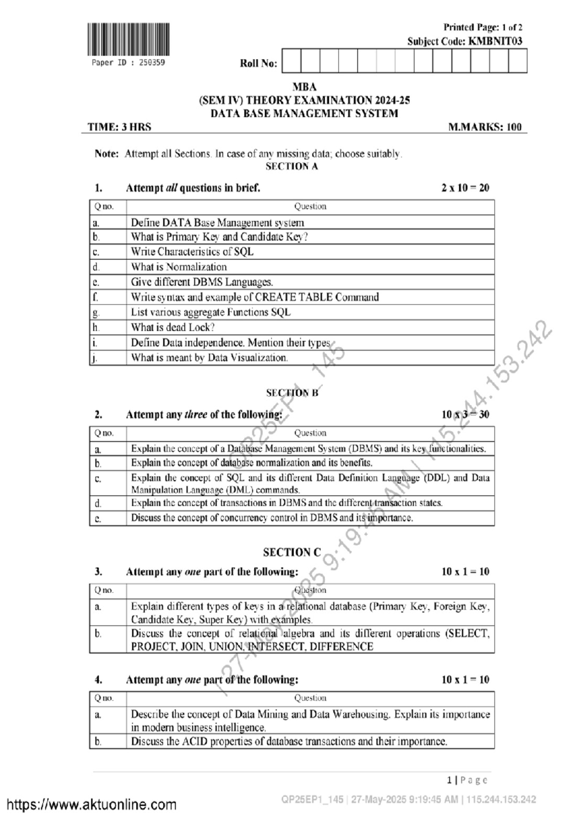 MBA SEM IV DBMS Theory Exam Notes KMBNIT03 May 2025 - Studocu