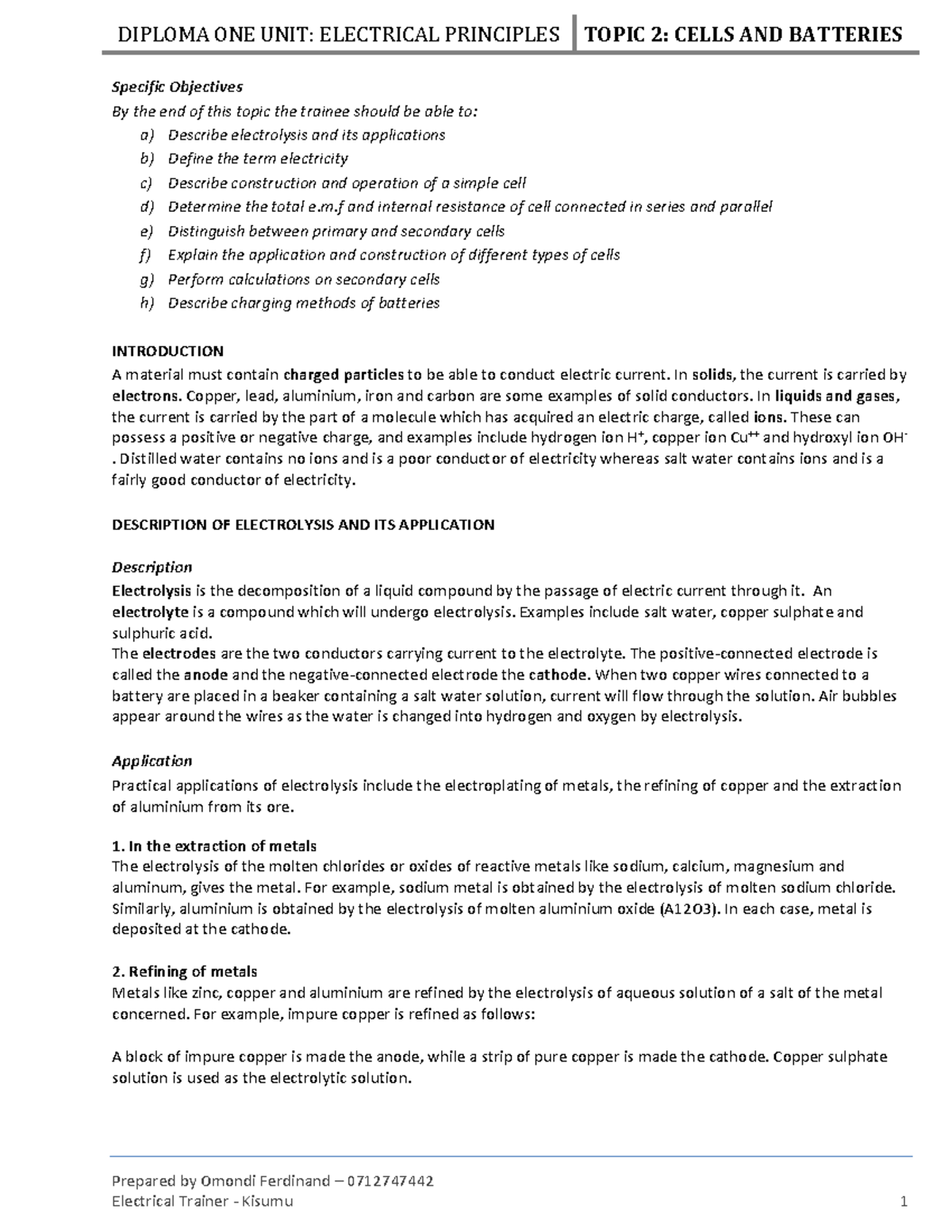 DIPLOMA ONE UNIT: ELECTRICAL PRINCIPLES - CELLS AND BATTERIES OVERVIEW ...