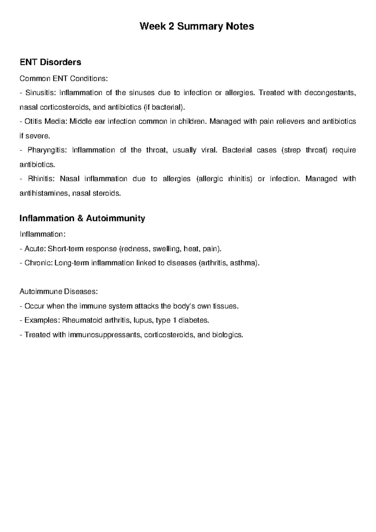 Week 2 Study Notes - nom - Week 2 Summary Notes ENT Disorders Common ...