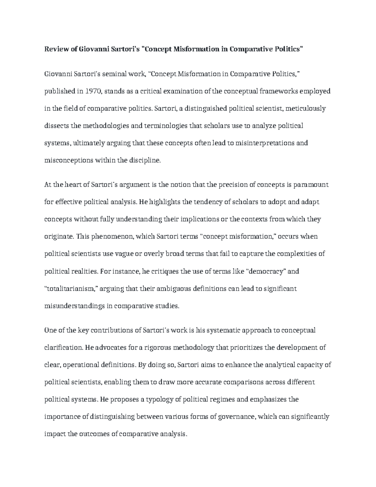 Review of Giovanni Sartori's Misformation in Comparative Politics - Studocu